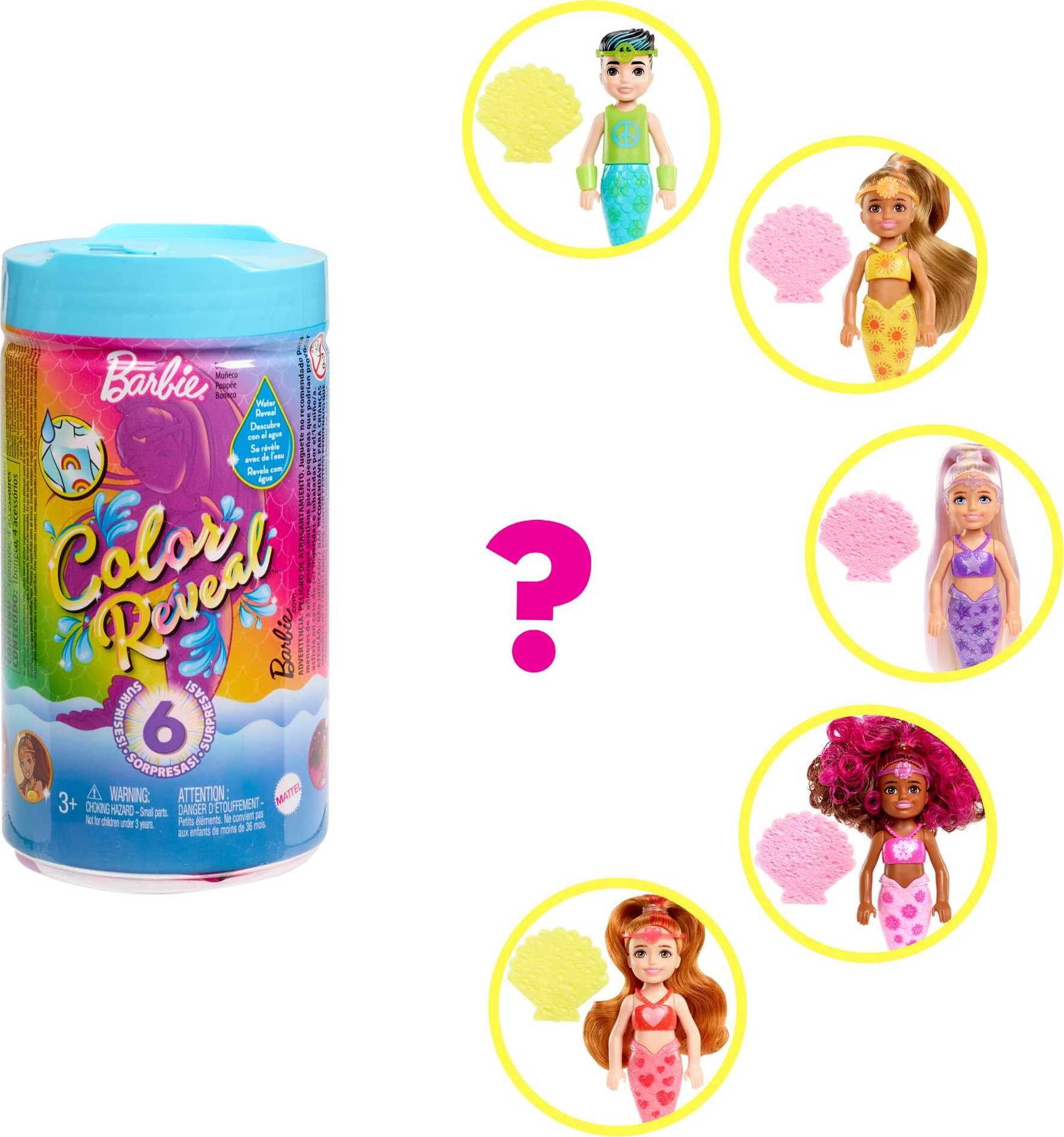 Barbie Chelsea Color Reveal Rainbow Mermaid Series Small Doll with 6 Surprises & Color Change