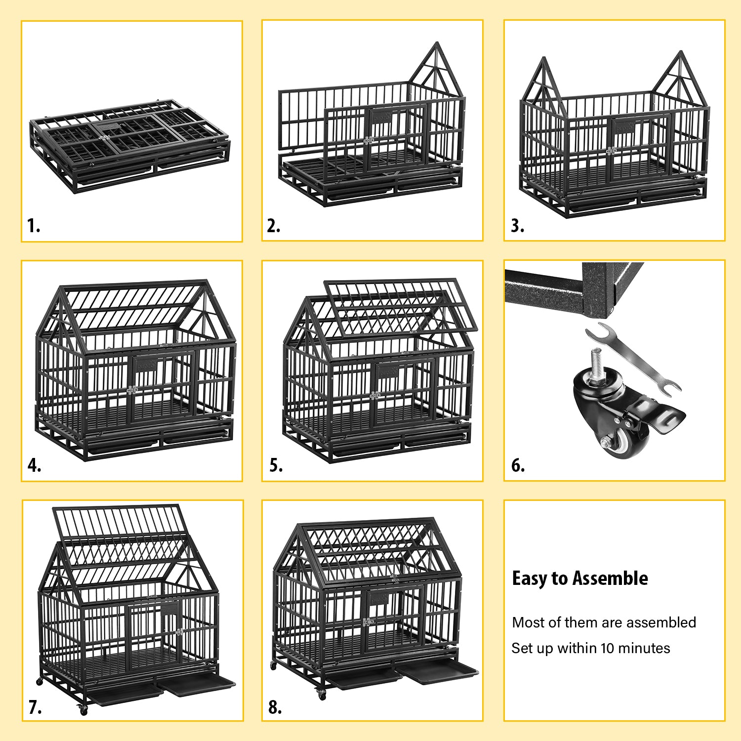 Ainfox 42 inch Heavy Duty Dog Crate， Indestructible Dog Crates for Medium Dogs， Escape Proof Dog cage Kennel with Lockable Wheels， for Home， IndoorandOutdoor (Round Tube-Black)