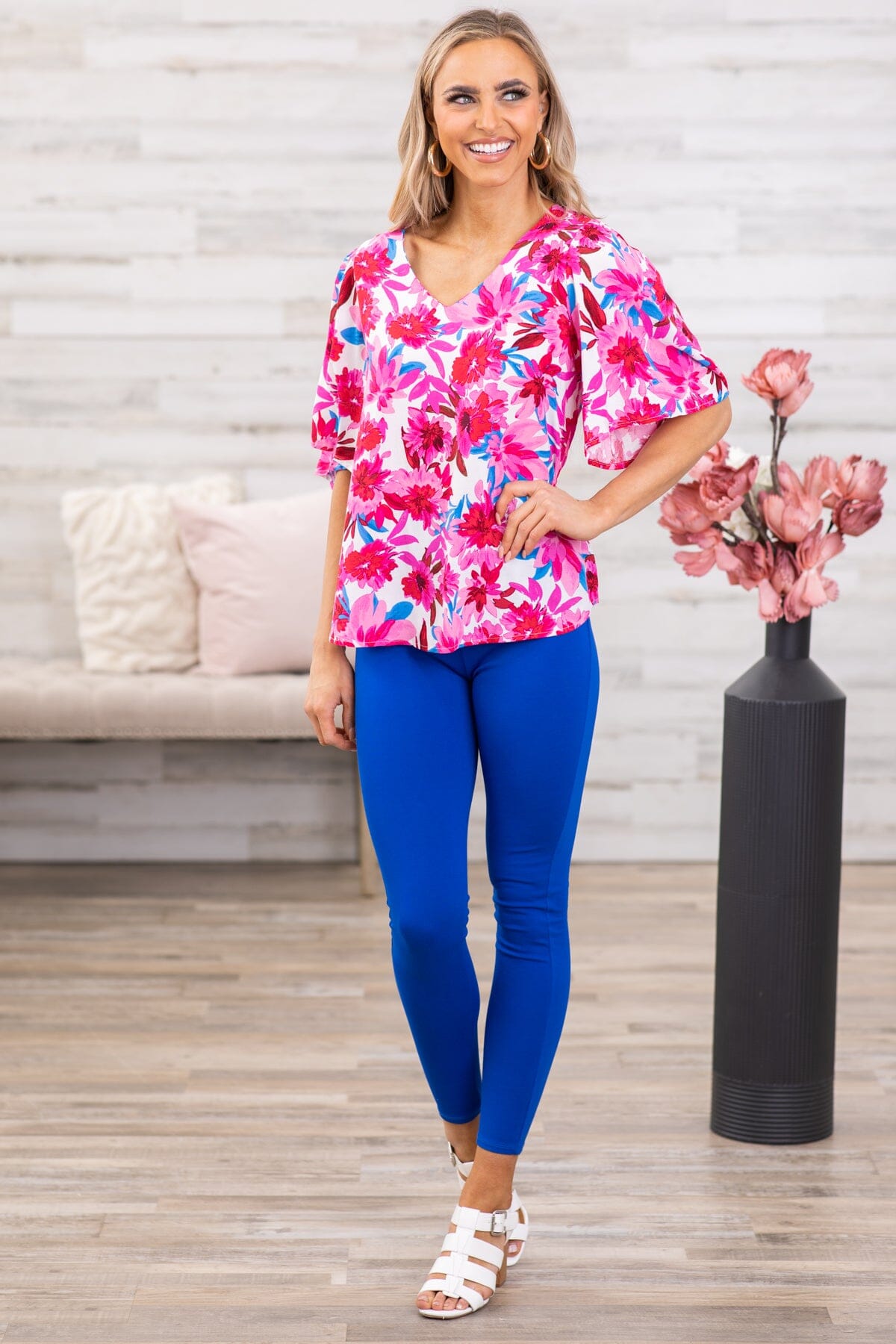 Pink Multicolor Floral Bell Sleeve V-Neck Top