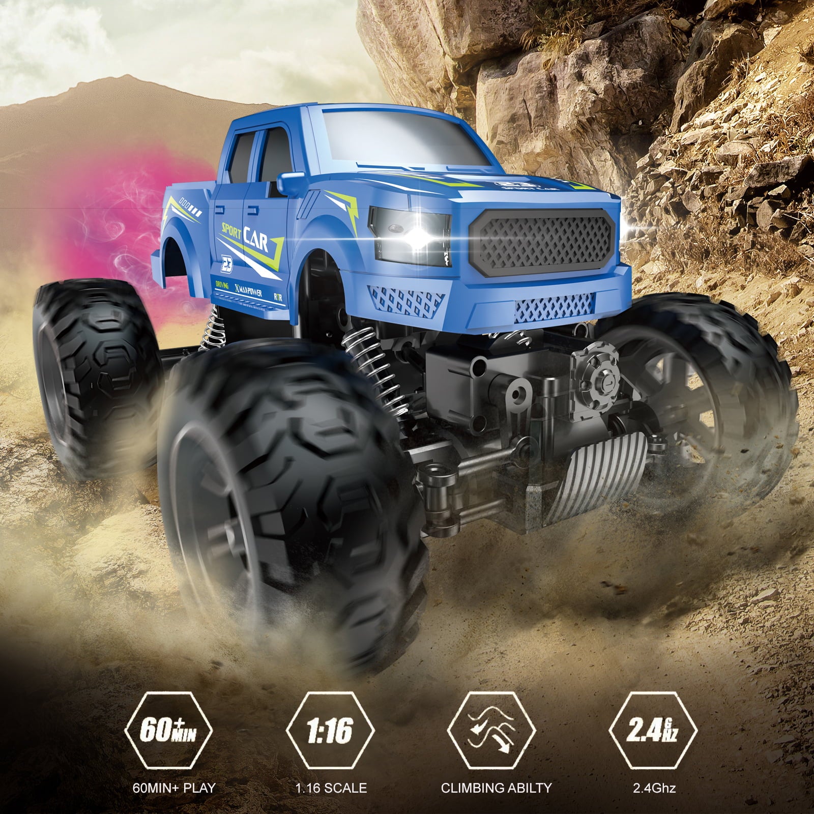 RC Cars Remote Control Car 1:16 Off Road RC Pickup Monster Truck for Boy Adult Gifts All Terrain Hobby Car 4WD Dual Motors LED Headlight Rock Crawler