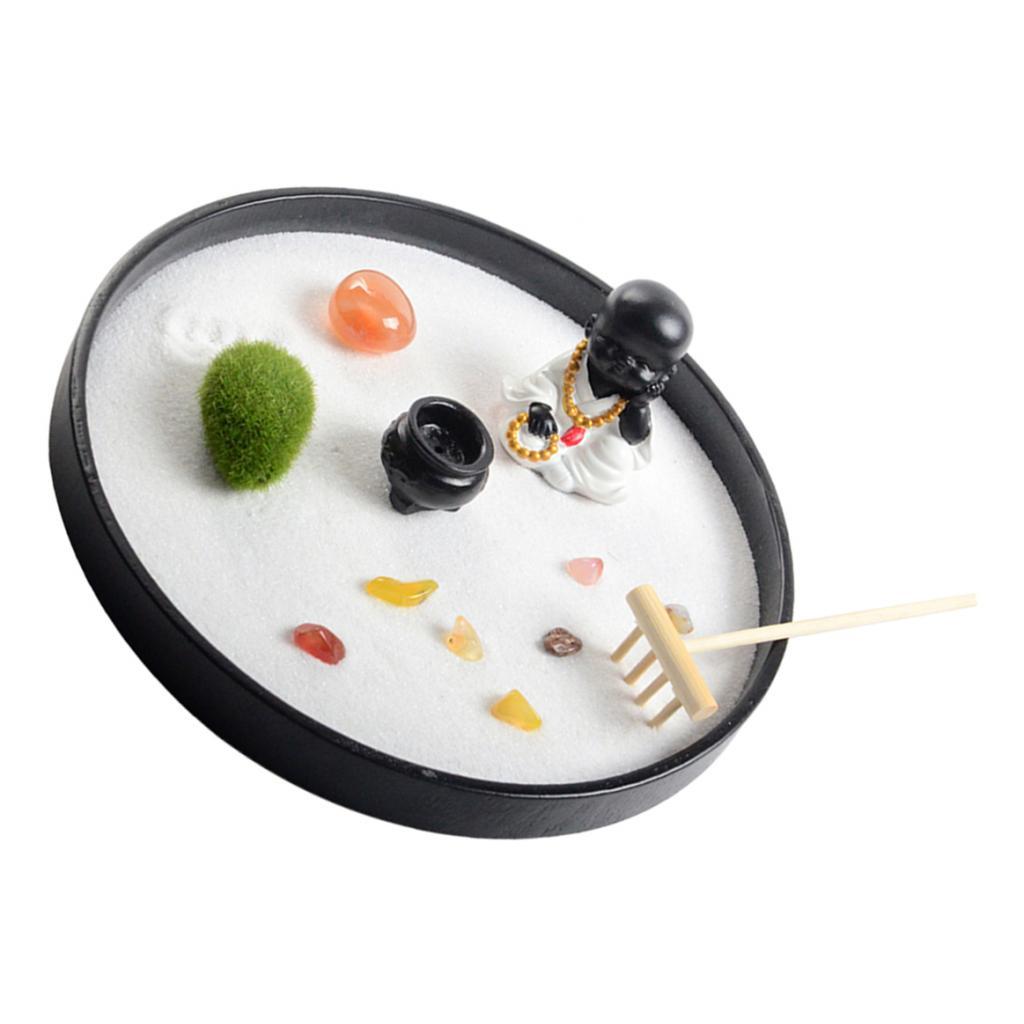 Round Garden W/Figurines Wooden Meditating Sandbox Dia 8.2