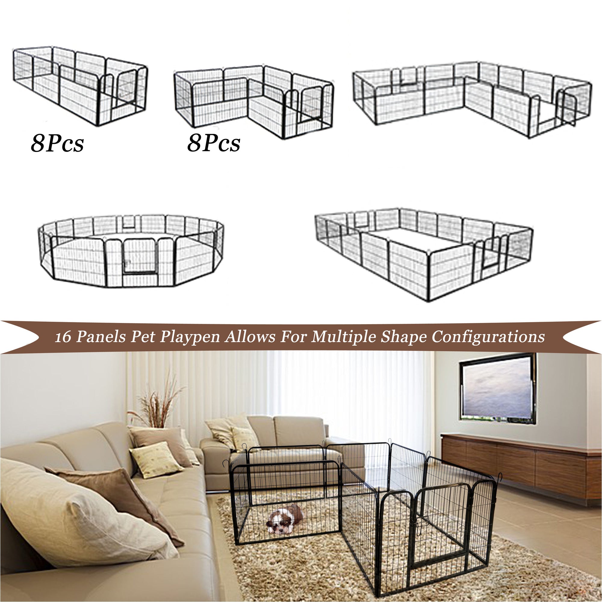 Dog Fence Pet Playpen - Heavy Duty Foldable Metal 16 Panels Dog Pen 24
