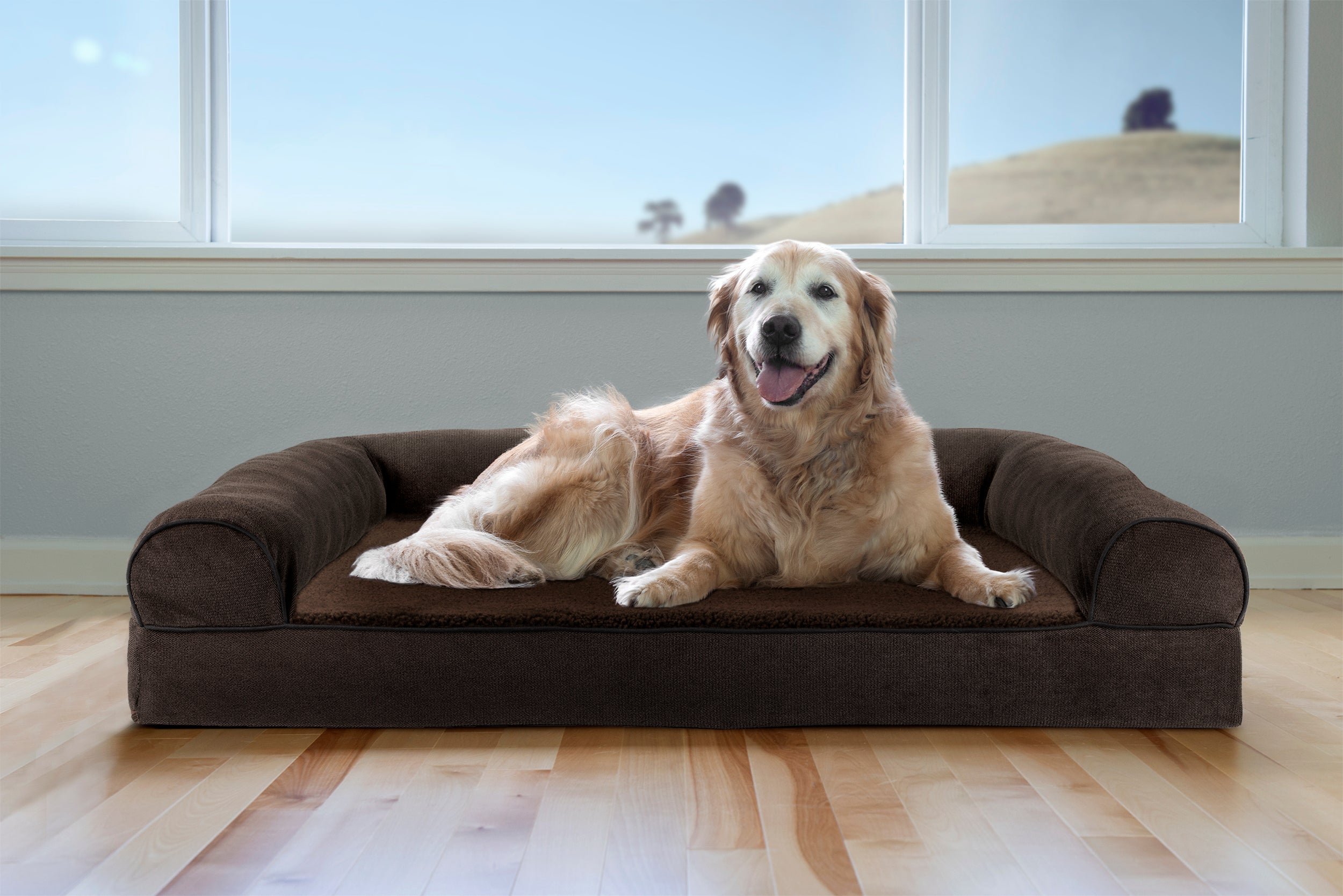 FurHaven | Cooling Gel Faux Fleece and Chenille Sofa Pet Bed for Dogs and Cats， Coffee， Jumbo