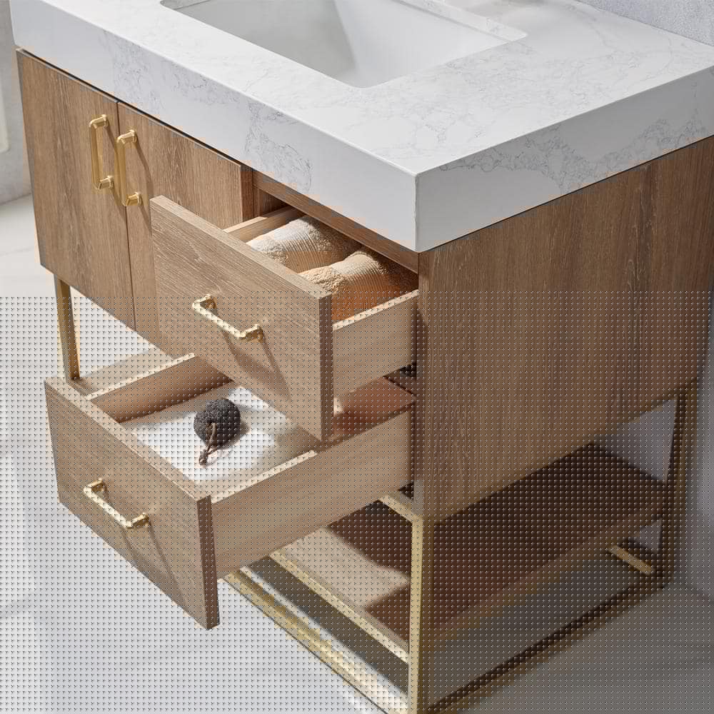 ROSWELL Alistair 36 in Bath Vanity in North American Oak with Grain Stone Top in White with White Basin