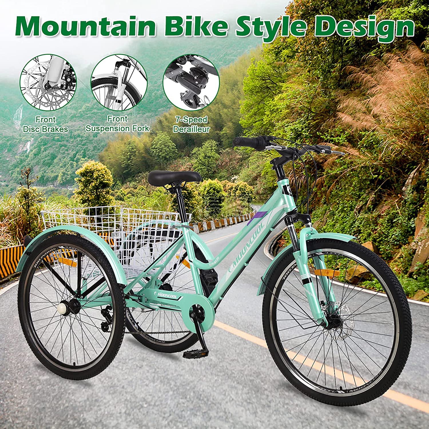 Docred Adult Tricycle， 7 Speed Three Wheel Bike，26 Inch Adults Mountain Trikes for Seniorsandkids with Shopping Basket