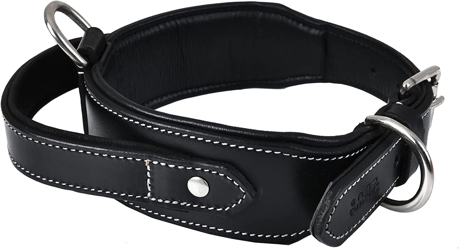 DowgClub | Genuine Leather Heavy Duty Tactical Dog Collar with Handle | Saddle Grade， Full Grain， Heavy Duty | Comfortable， Cushion Padding Inside， Strong | Best for Medium， Large and X-Large Breeds