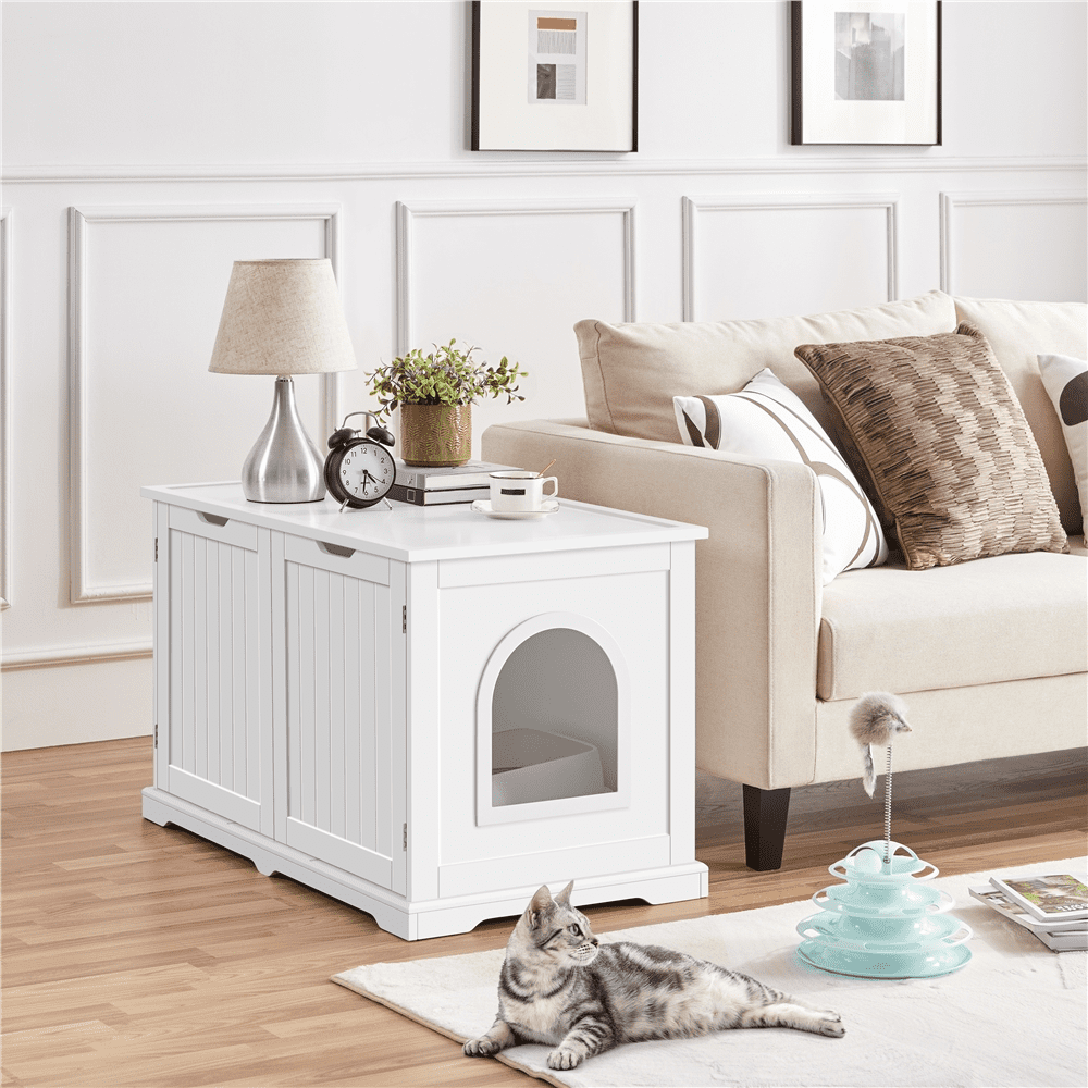 Topeakmart Wooden Cat Litter Box Enclosure with Partition Wall， White
