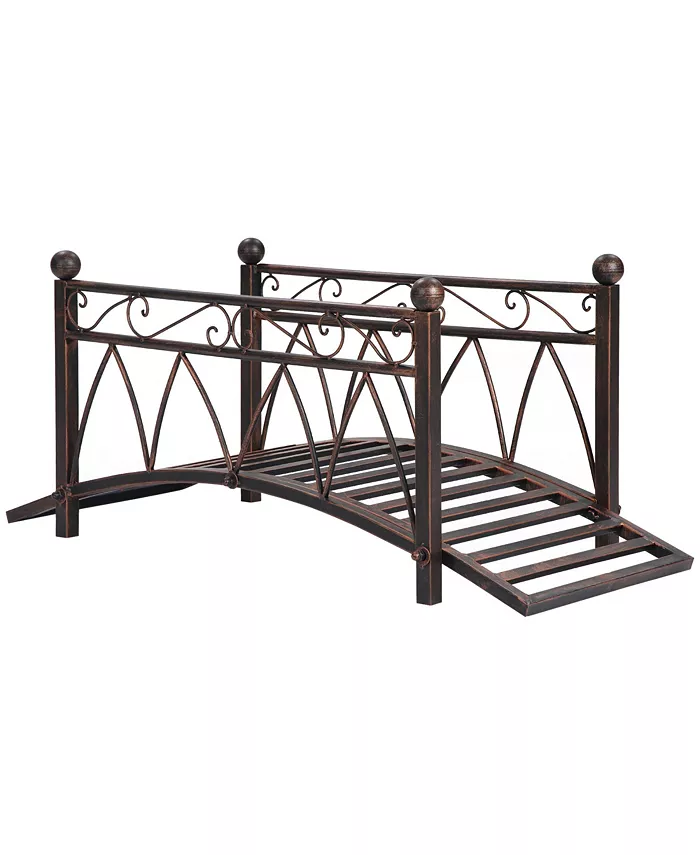 Outsunny 3.3' Metal Arch Zen Garden Bridge with Safety Siderails， Decorative Footbridge， Delicate Scrollwork Corner Spheres for Stream， Fish Pond， Bla