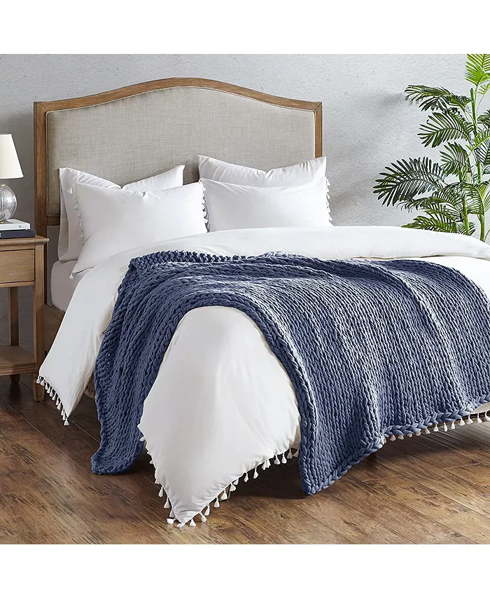 Gracie Mills Casual Acrylic Chunky Twice Knit Throw， Indigo - Full