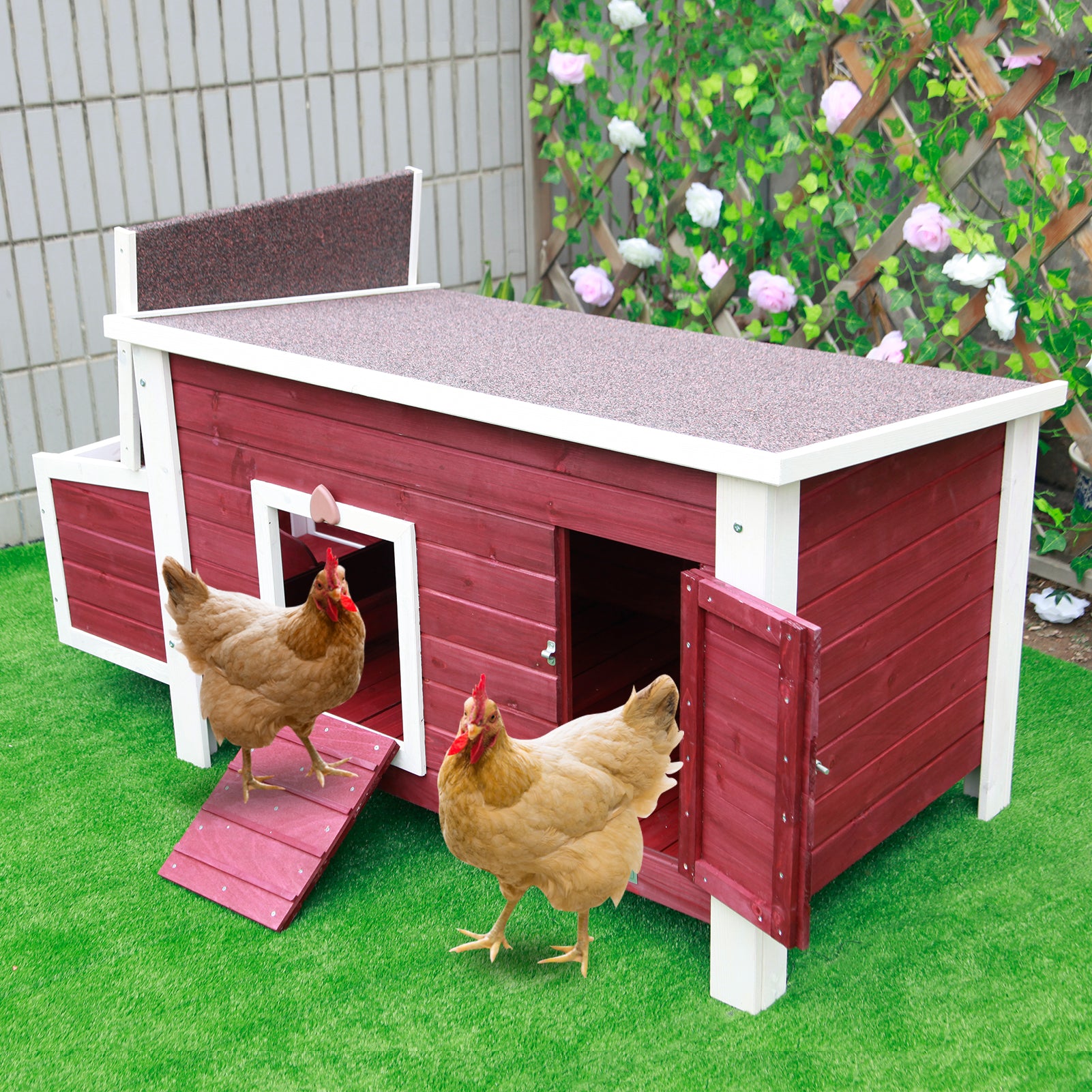 Petsfit Wooden Chicken Coop with Nesting Box， Weatherproof Poultry Cage， Rabbit Hutch Red