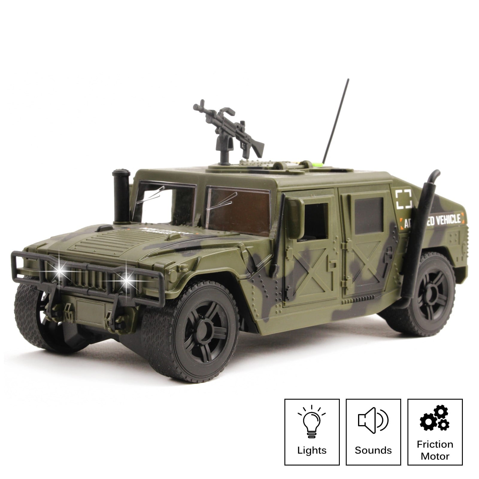 Vokodo Military Humvee Truck Friction Powered With Lights And Sounds Kids Push And Go 1:16 Scale Pretend Play Armored Army Vehicle