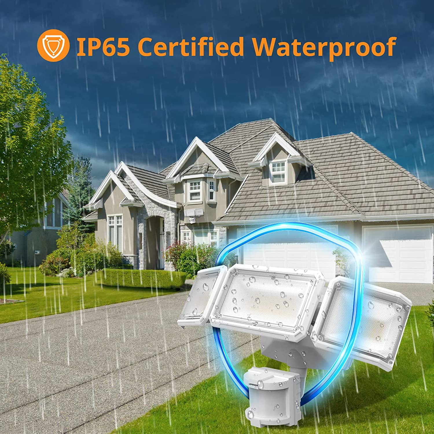 LEPOWER Battery Powered LED Flood Light Outdoor，1500 LM， 5000 K， IP65 Waterproof， Wireless Flood Light Battery Operated， 3 Head Motion Detector Light for Garage， Yard， Porch， White