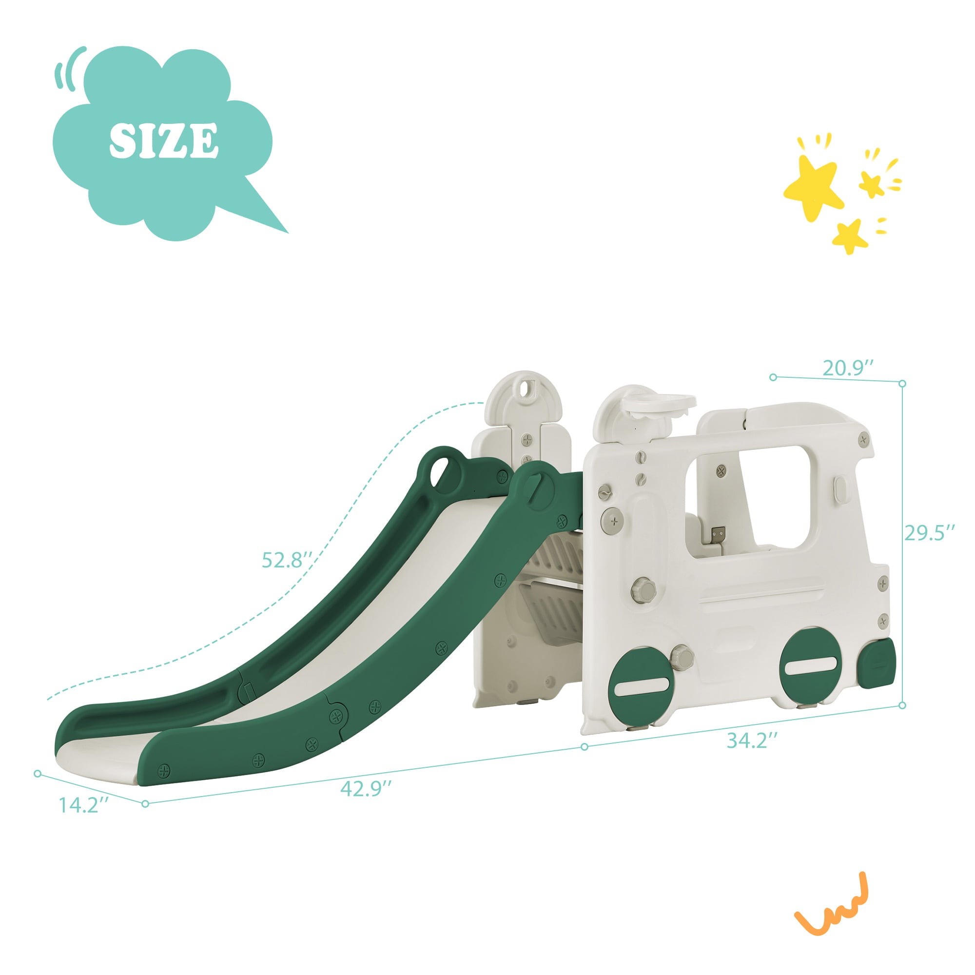 Track 7 Baby Slide 4-in-1，Indoor Toddler Slide with Basketball Hoop，Climber and Bus Playhouse，Outdoor Playground Kids Slide for Toddlers Age 1+，Green