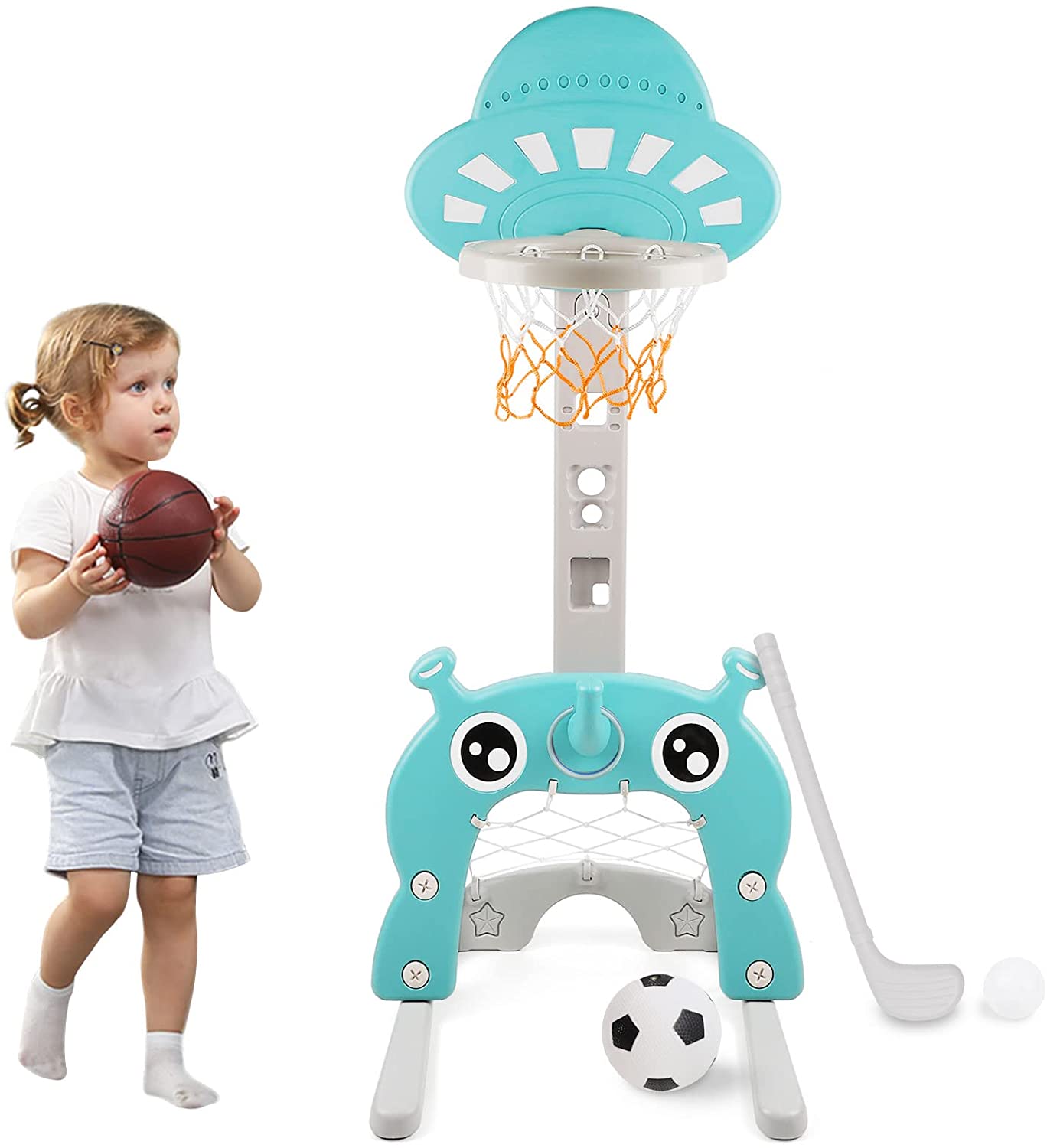 Ealing 4-in-1 Toddler Basketball Hoop Indoor and Outdoor Sports Activity Center for Basketball Hoop Football/Soccer Goal Golf Game Ring Toss Play Set Best Gift for Toddlers and Kids