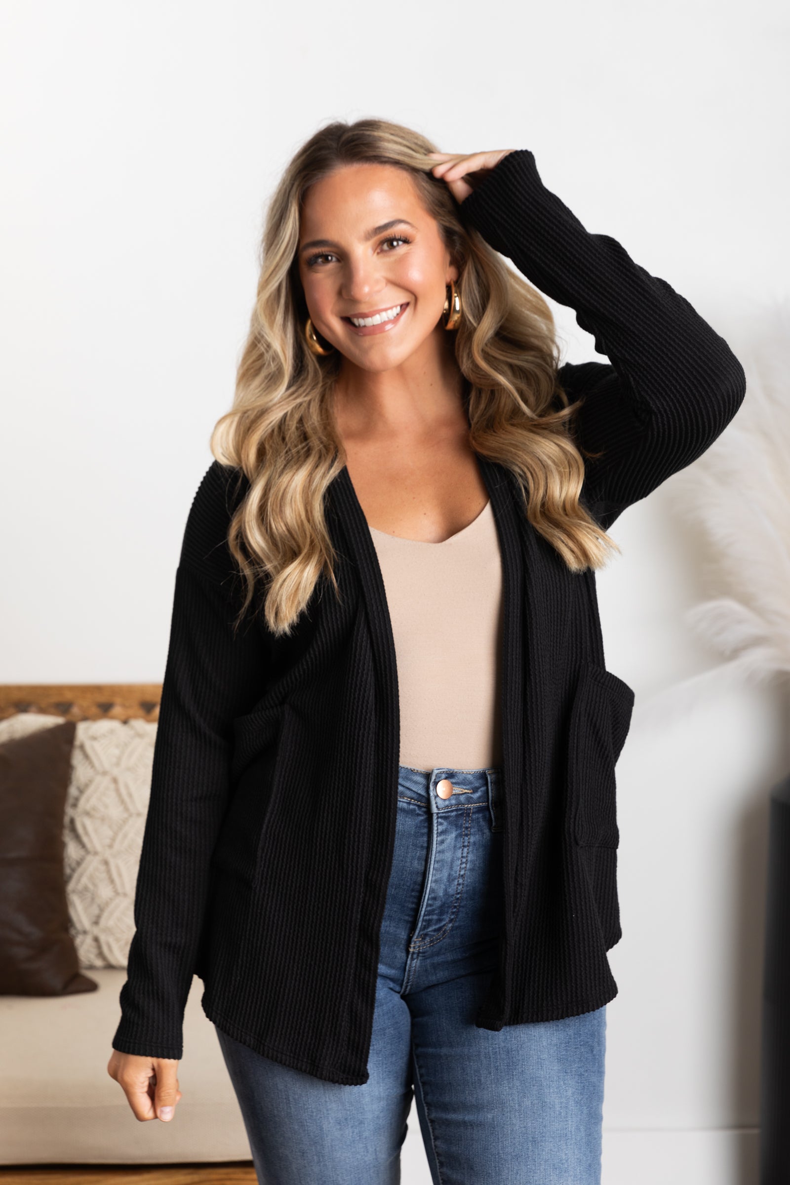Solid Ribbed Cardigan With Pockets