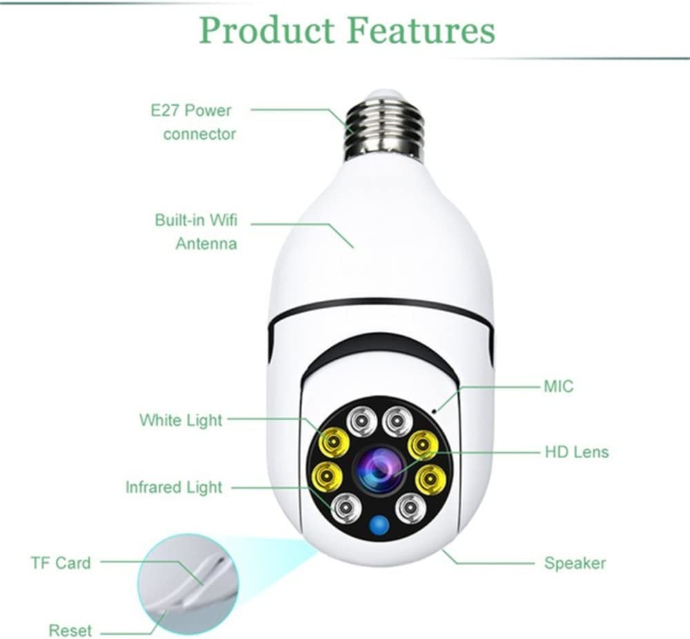 E27 Light Bulb Camera， 2 Pack Wireless WiFi Security Camera 1080p， 2.4GHz WiFi Smart 360 Surveillance Camera for Indoor and Outdoor， Light Socket Camera with Real-time Motion Detection， Night Vision