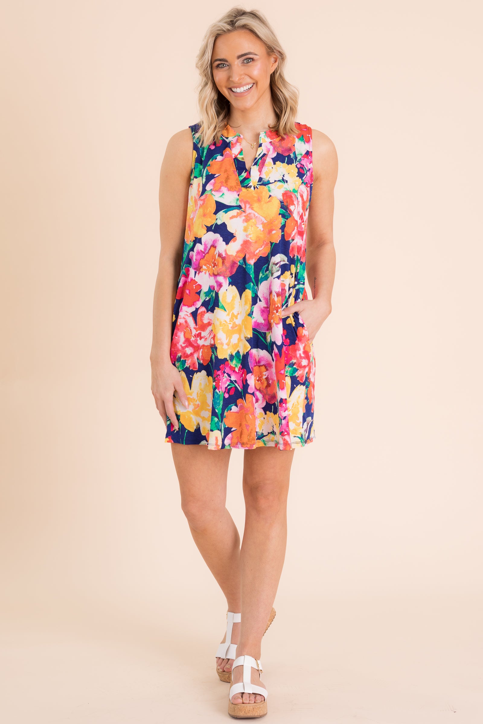 Navy With Floral Wrinkle Free Liz Dress