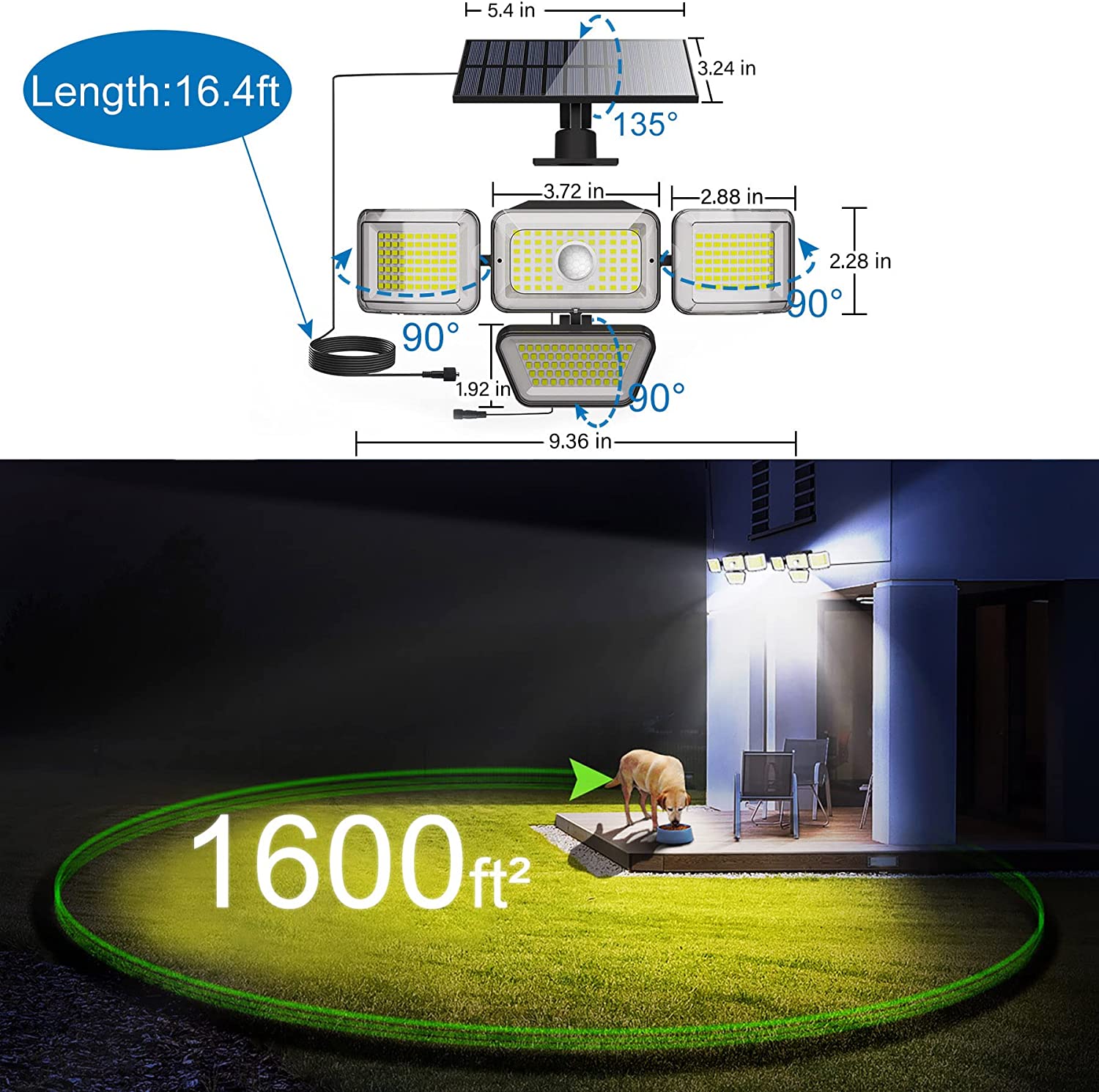 Super Bright Solar Motion Sensor Outdoor Lights Separate Solar Panel IP65 Waterproof 278 LED Beads PIR Security Flood Lights/3 Modes Remote Control/4 Heads 270° Wide Angle (2 Pack)