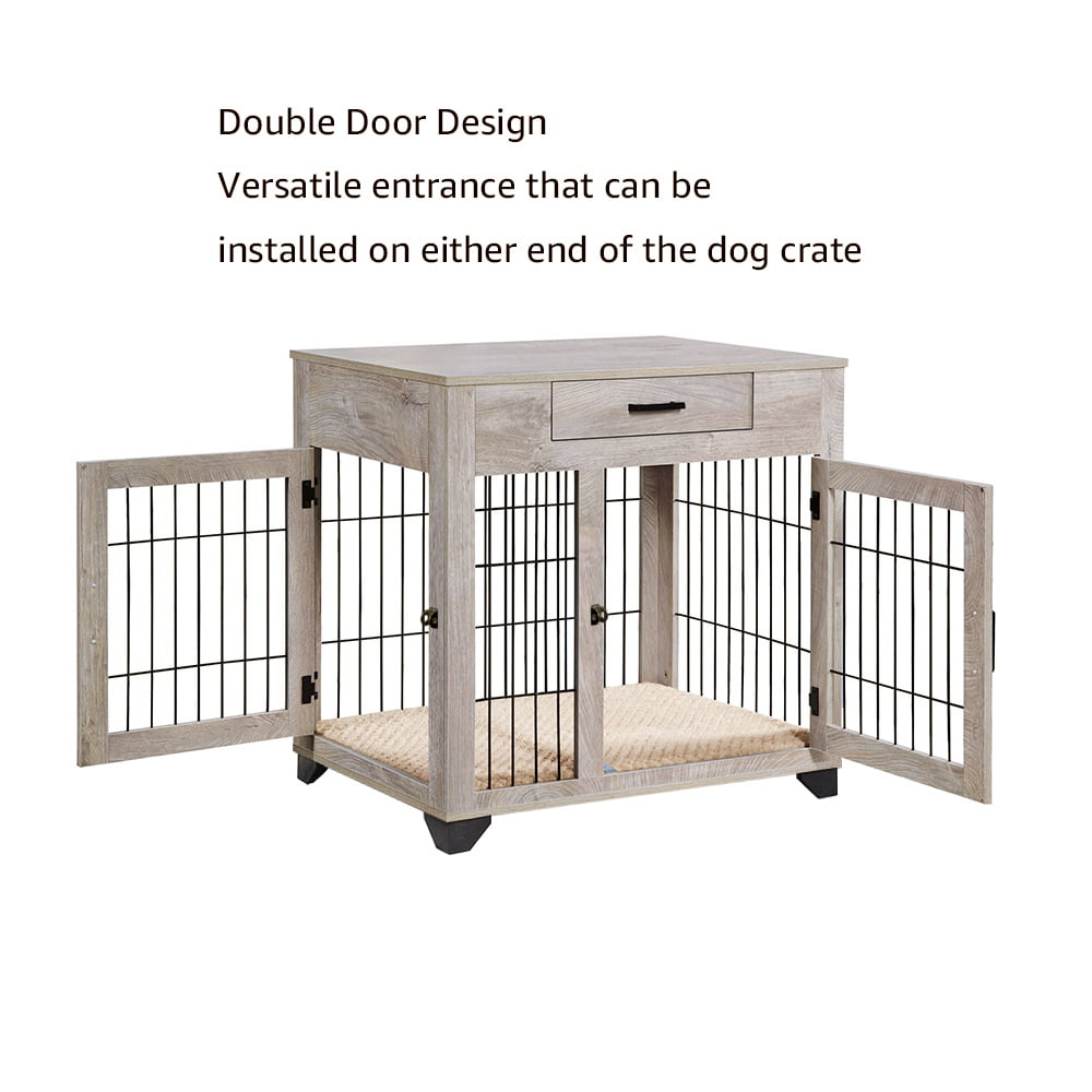 Unipaws Dog Crate with Drawer， Furniture Style Pet Kennels with Double Doors and Cushion