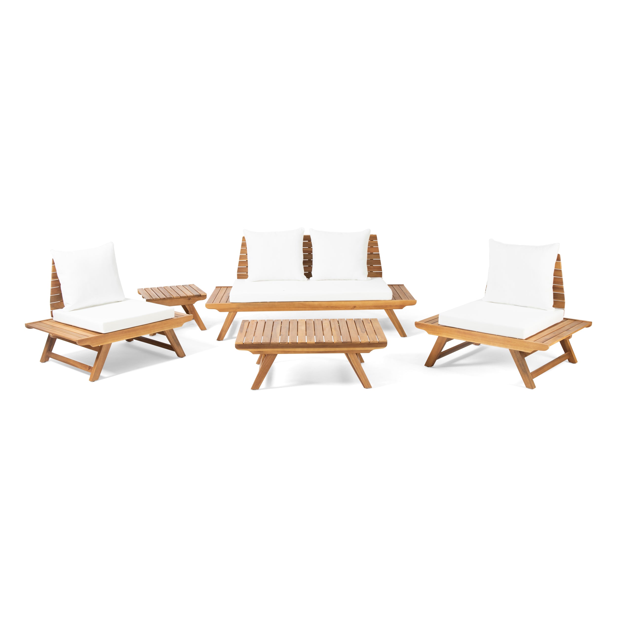 Kaiya Outdoor Acacia Wood 4 Seater Chat Set with Side Table and Coffee Table
