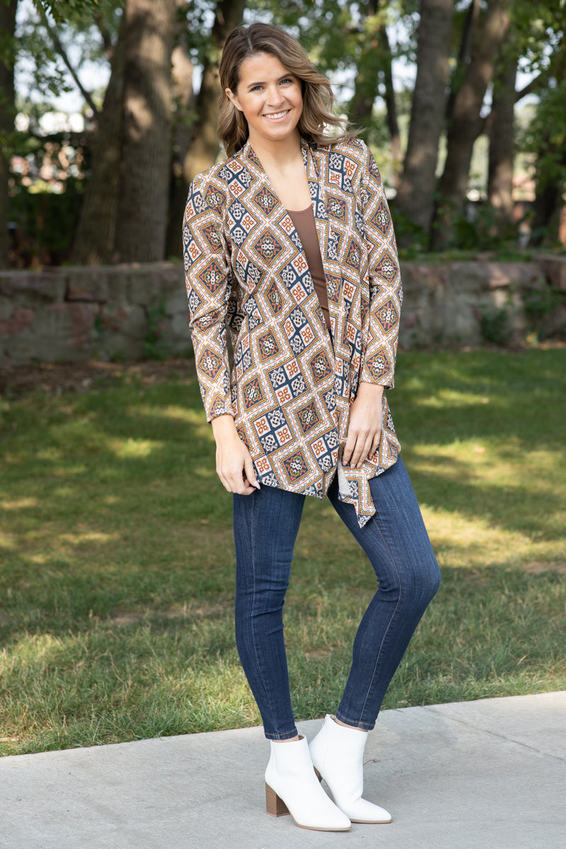Camel and Teal Multicolor Aztec Cardigan