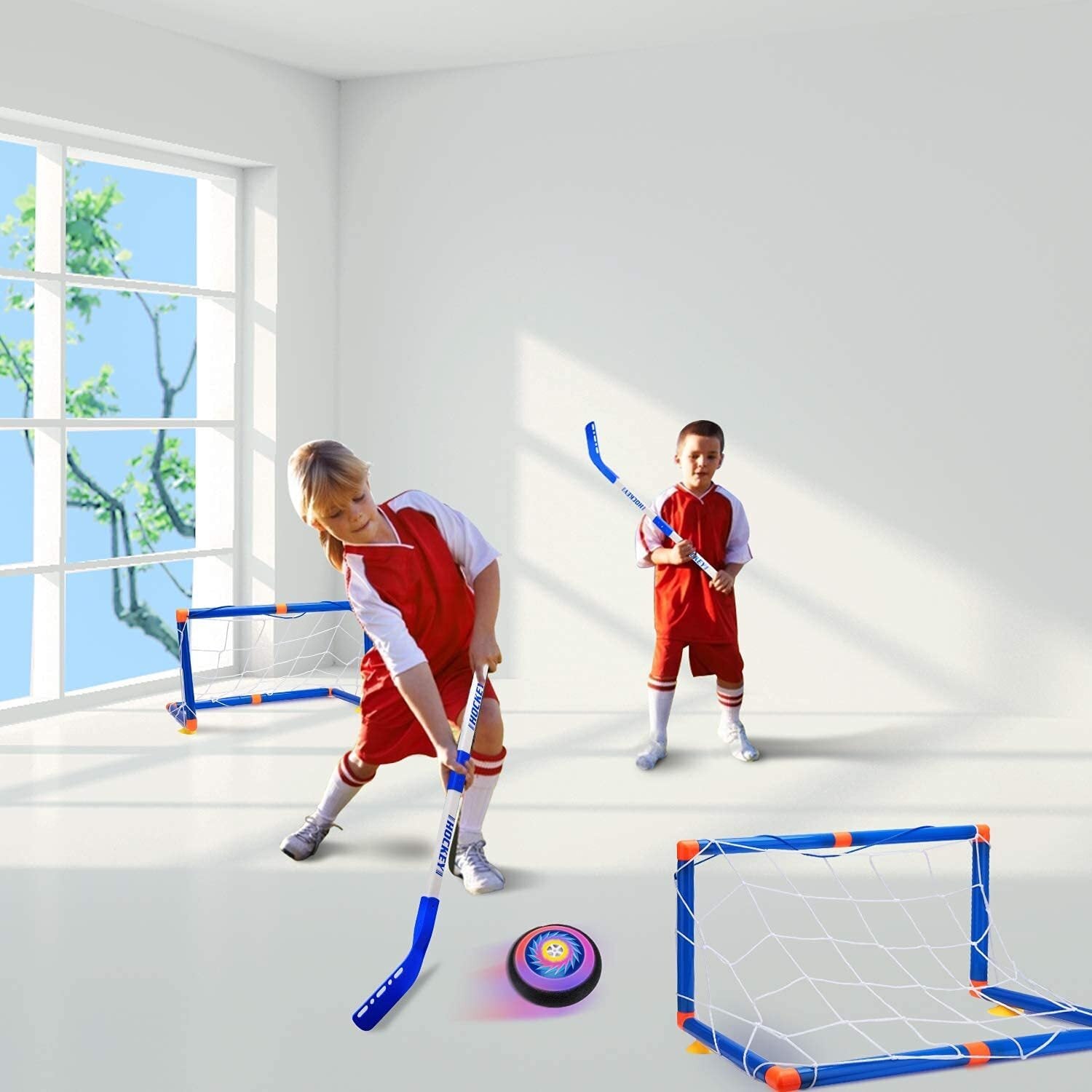 Beefunni Hover Hockey Set with 2 Hover Soccer Goals， Air Power Training Ball Playing Hockey Game for 3 - 12 Year Old Boys Girls