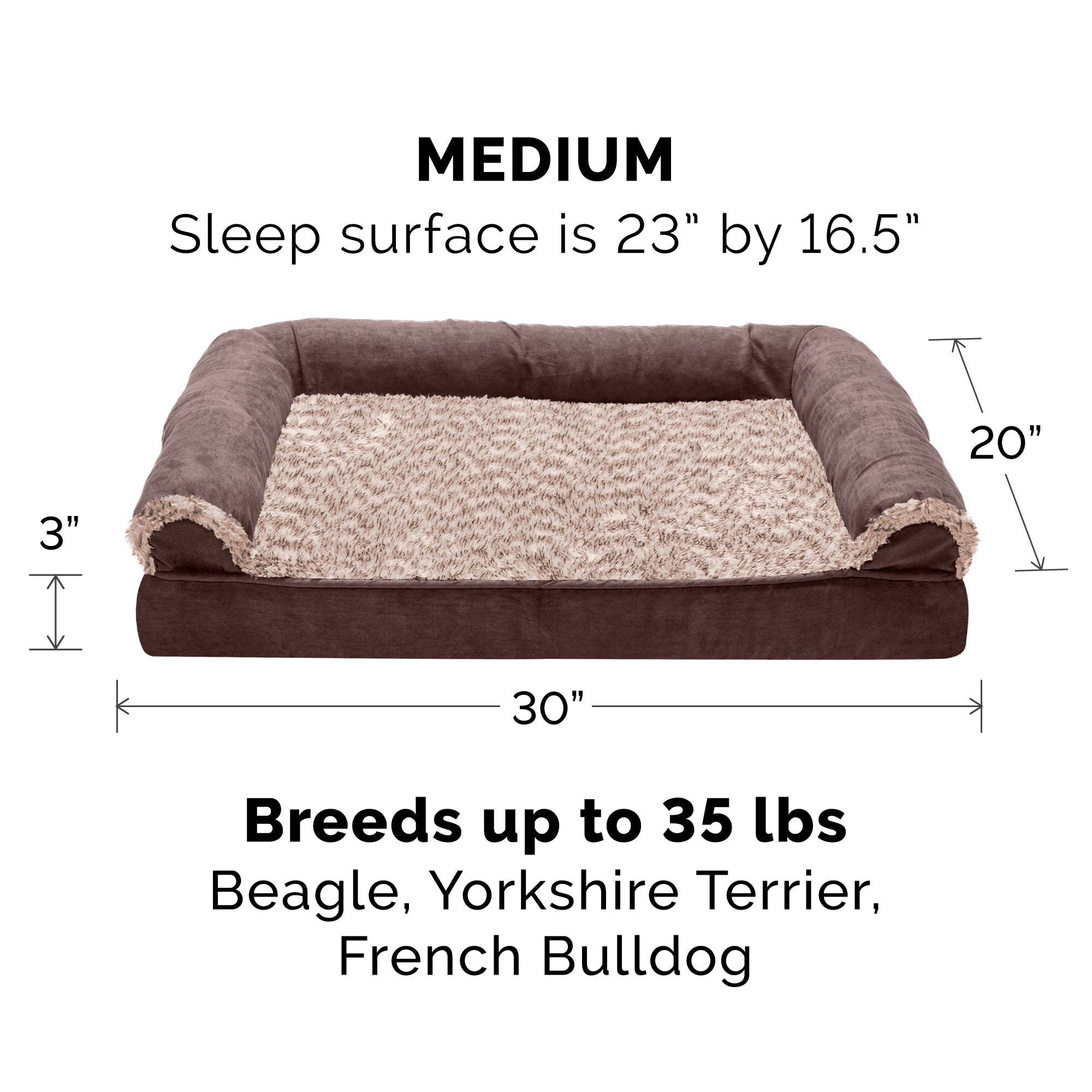 FurHaven Pet Products | Memory Foam Two-Tone Faux Fur and Suede Sofa-Style Couch Pet Bed for Dogs and Cats， Espresso， Medium