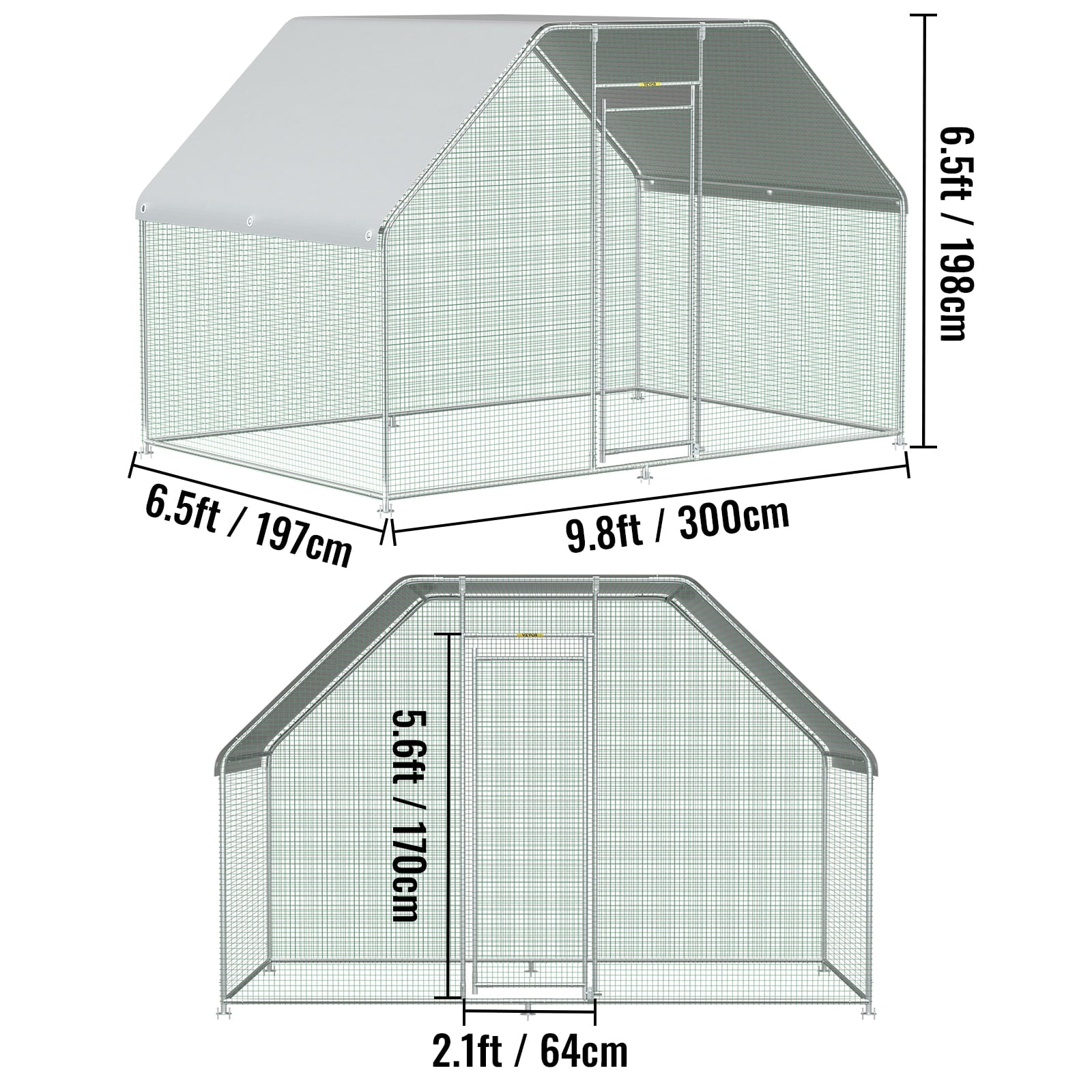 VEVORbrand Chicken Run Coop 10×6ft Large Metal Chicken Coop Flat Shaped， Walk-in Hen Cage， Outdoor Poultry Cage with Waterproof Cover for Backyard
