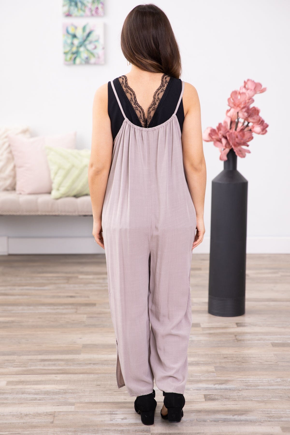 Dark Beige Wide Leg Jumpsuit With Pockets