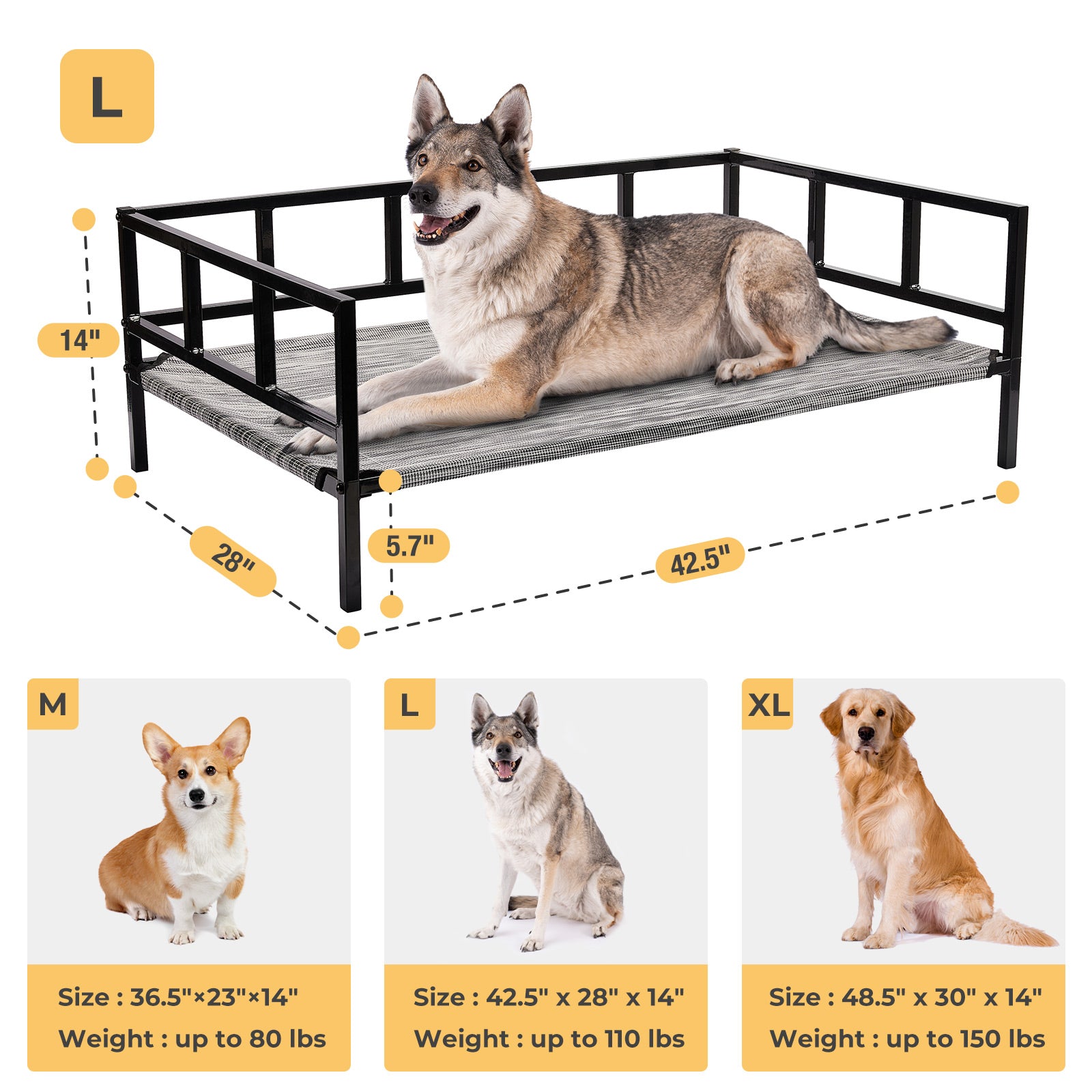 Veehoo Metal Elevated Dog Bed， Cooling Raised Pet Cot with Washable Mesh， Large， Black Silver