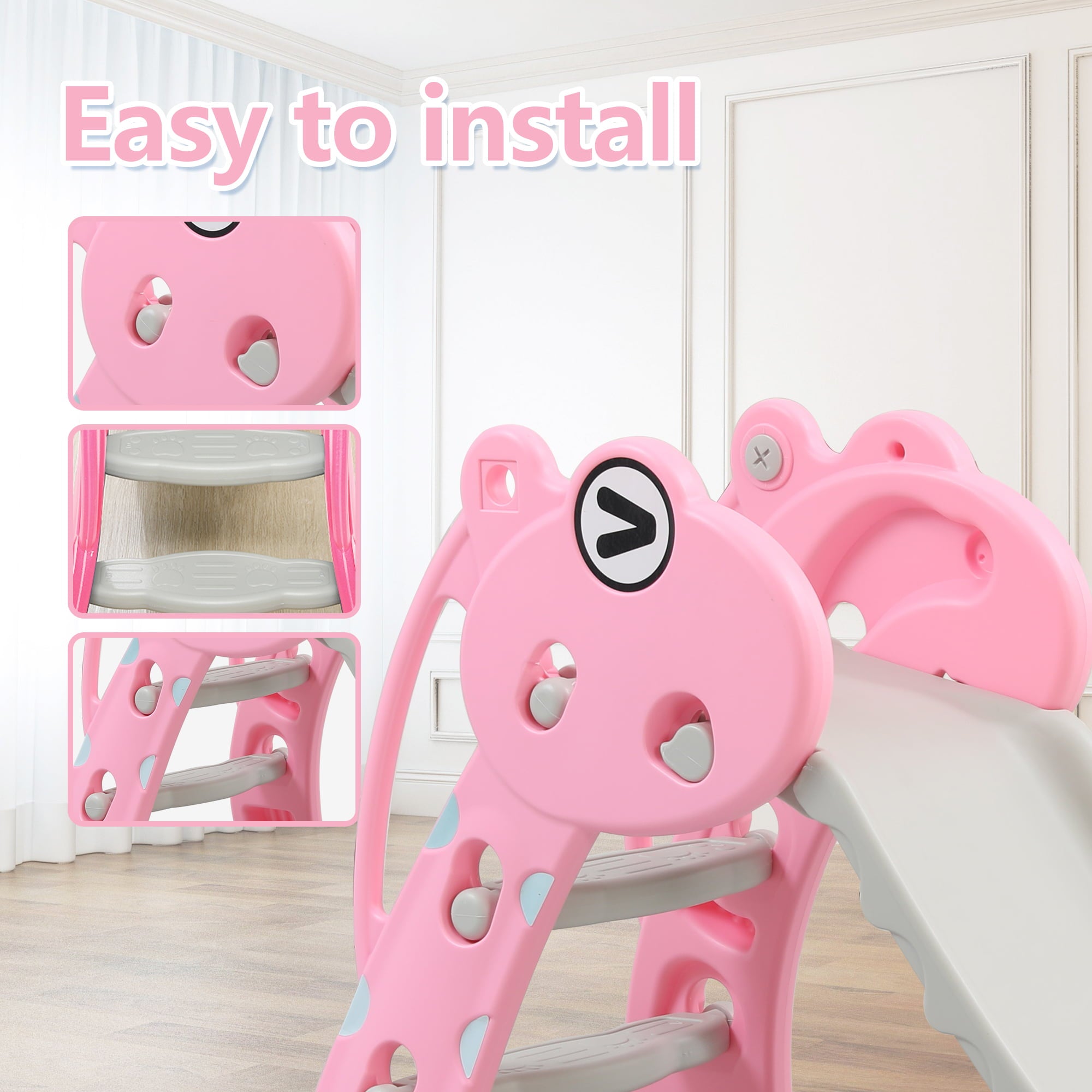 REIDIU 3 in 1 Slide for Kids， Baby Play Climber Slide Set with Extra Long Slipping Slope， Basketball Hoop and Ball， Multifunctional Household Play Slide Toy for Boys and Girls，Deer Pink