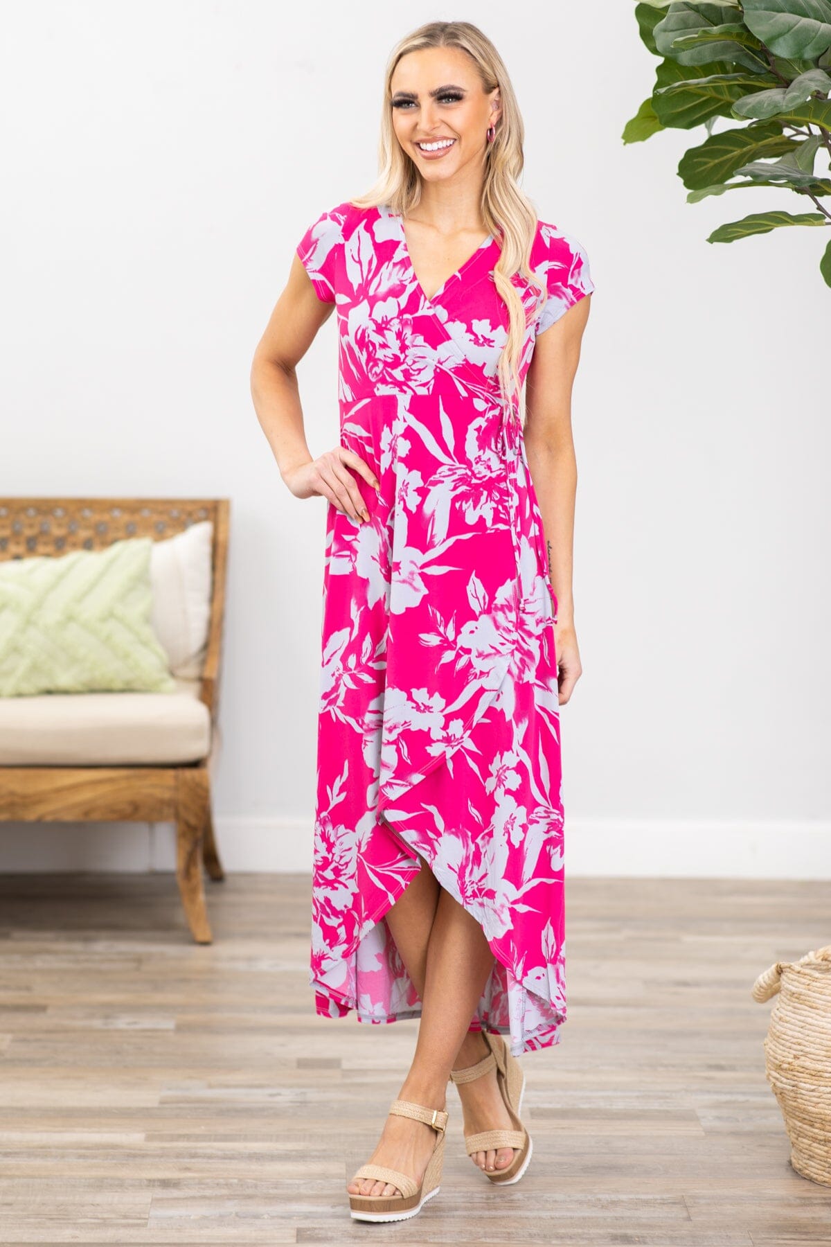 Hot Pink and Grey Floral Print Maxi Dress