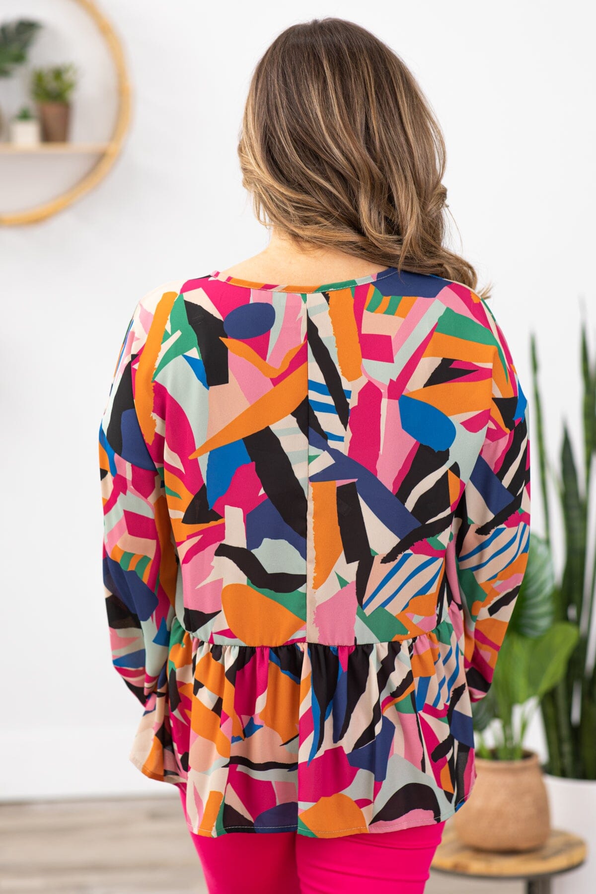 Pink Multicolor Abstract Print V-Neck Top