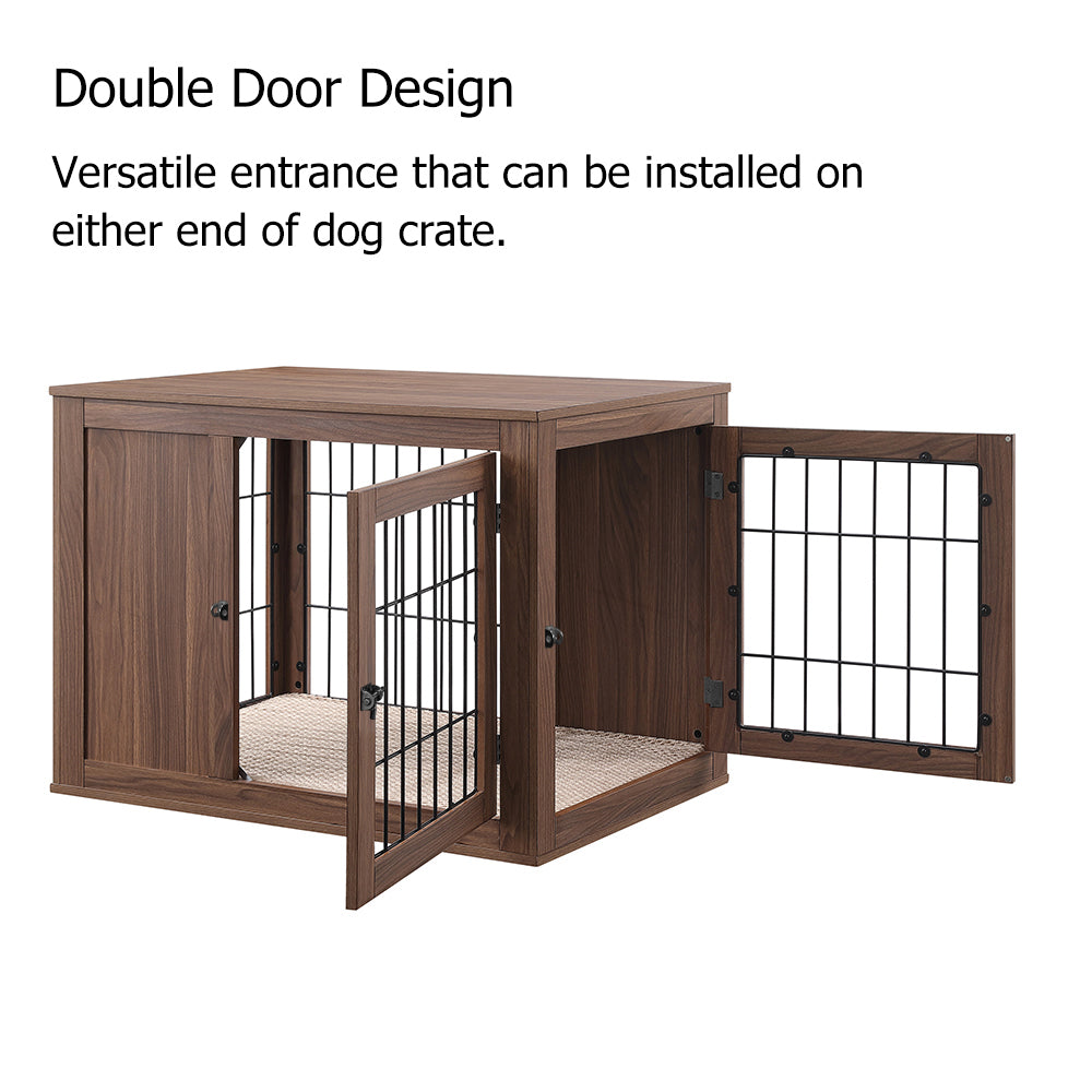 Unipaws Dog Crate End Table with Cushion， Wooden Wire Pet Kennels with Double Doors， Modern Design Dog House， Chew-Proof， Walnut