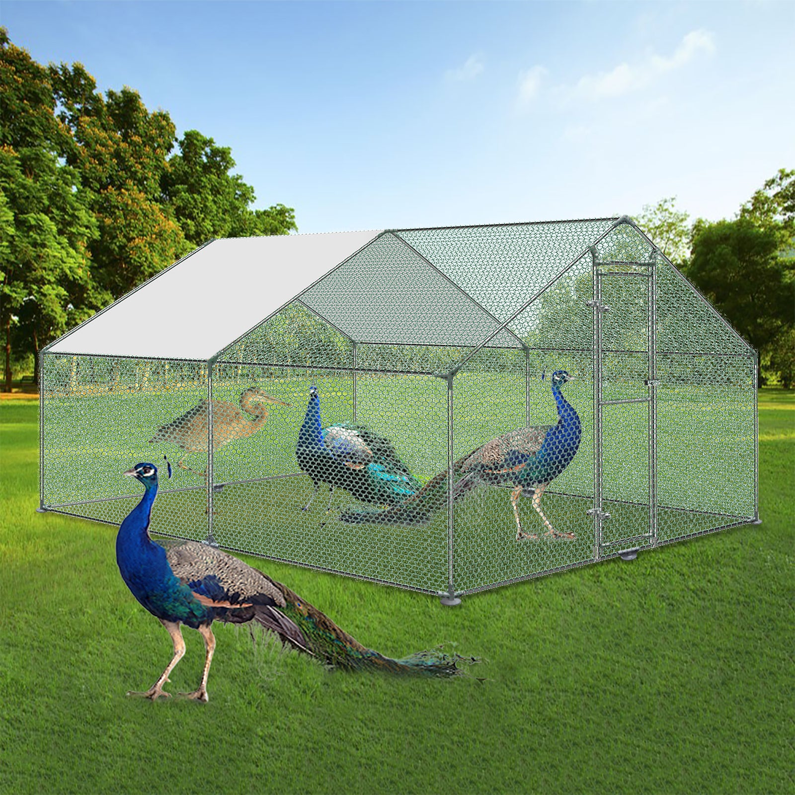 HENGMEI 118''x157''x78'' Large Chicken Run Coop Galvanized Metal Walk In Hen House Outdoor Chicken Poultry Cages Rabbit Hutch Steel Frame with PE Cover