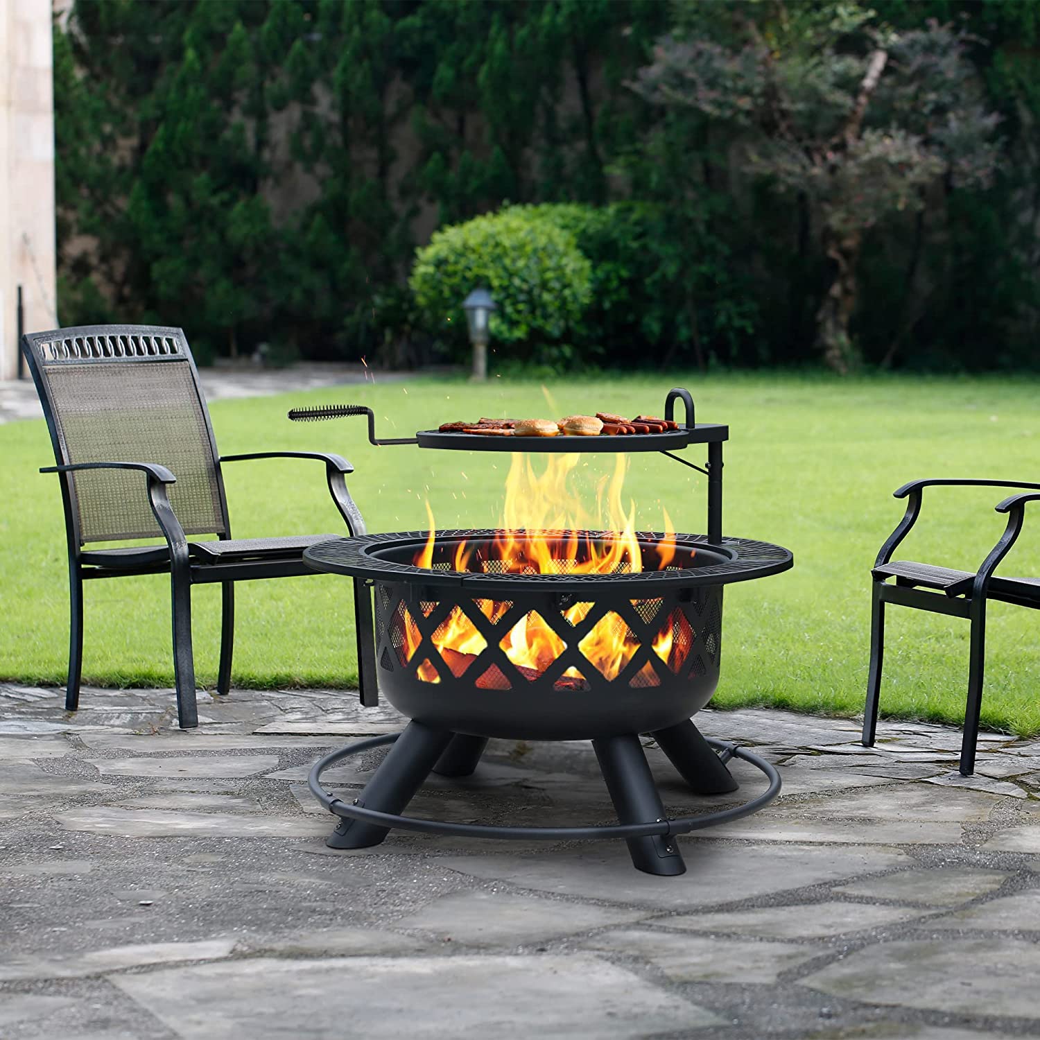 BALI OUTDOORS Wood Burning Fire Pit with Quick Removable Cooking Grill， Black