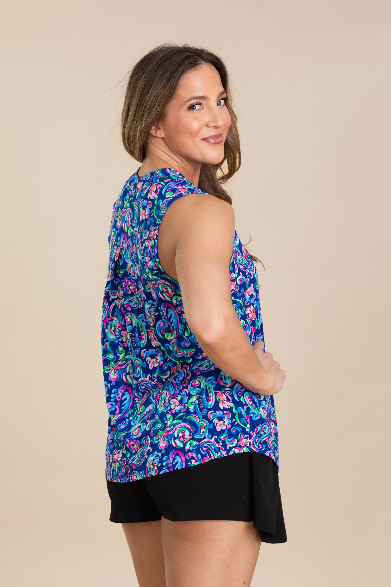 Navy Floral Print V-Neck Wrinkle Free Top