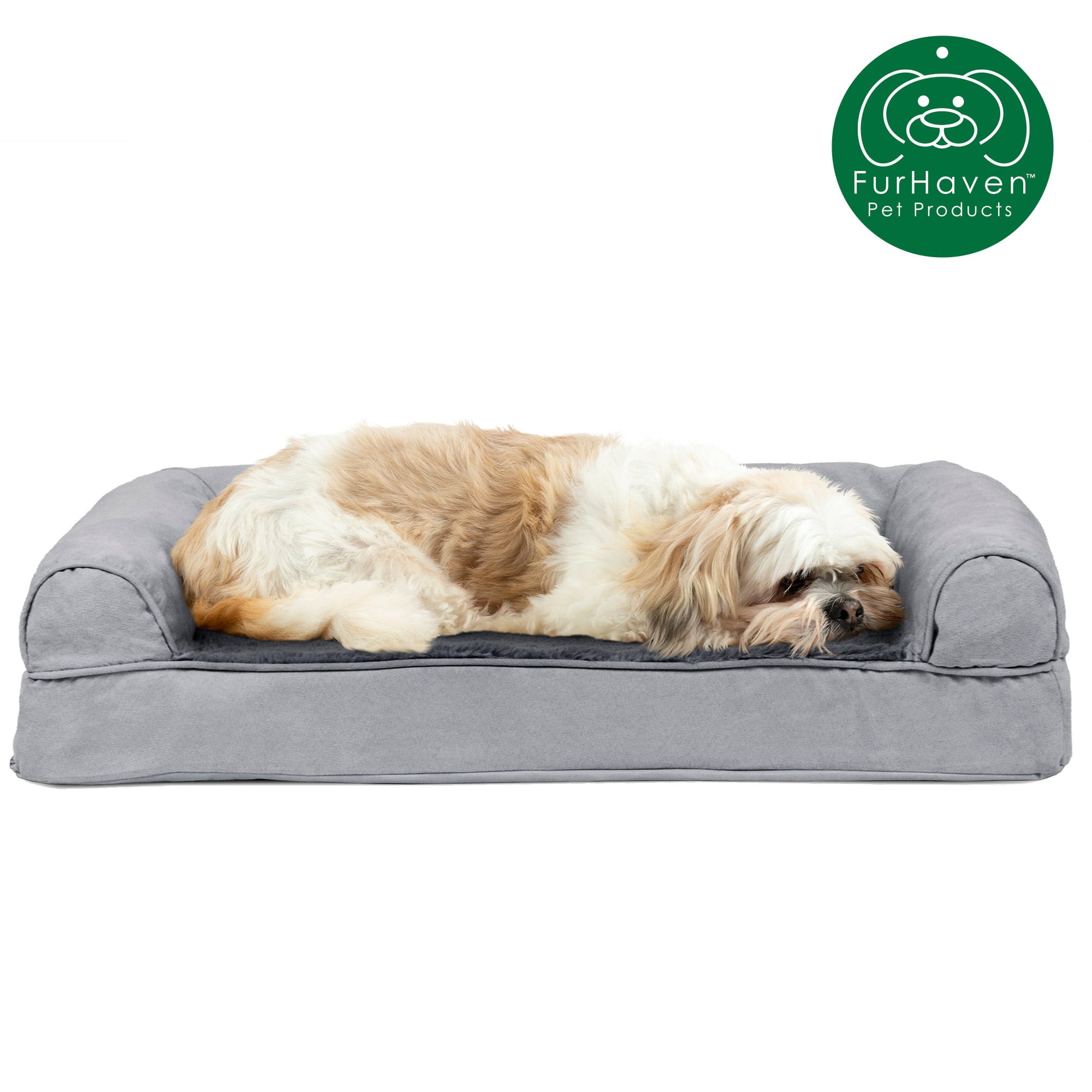 FurHaven Pet Products | Cooling Gel Foam Plush and Suede Sofa Pet Bed for Dogs and Cats， Gray， Medium