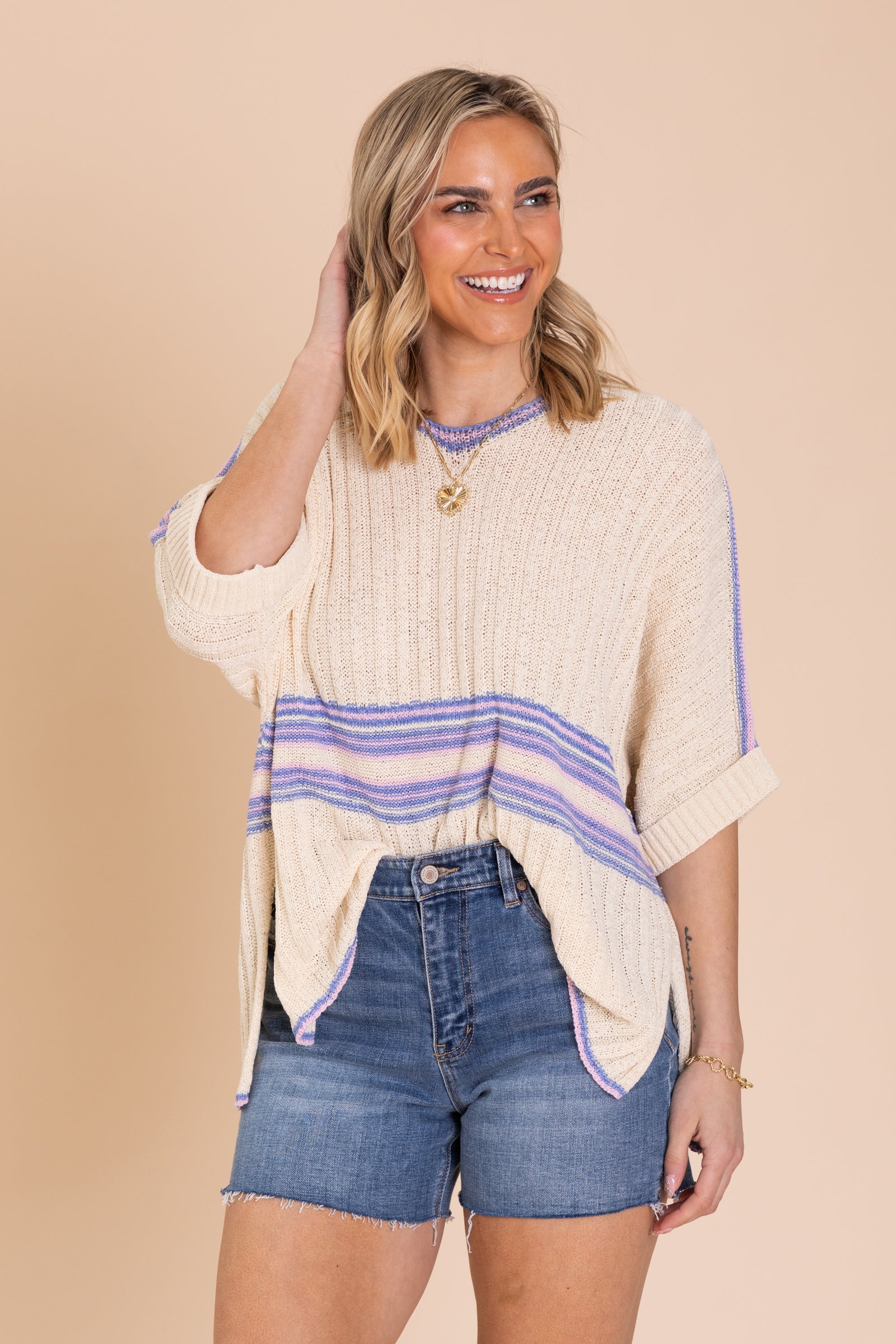 Cream V-Neck Rib Knit Sweater Top