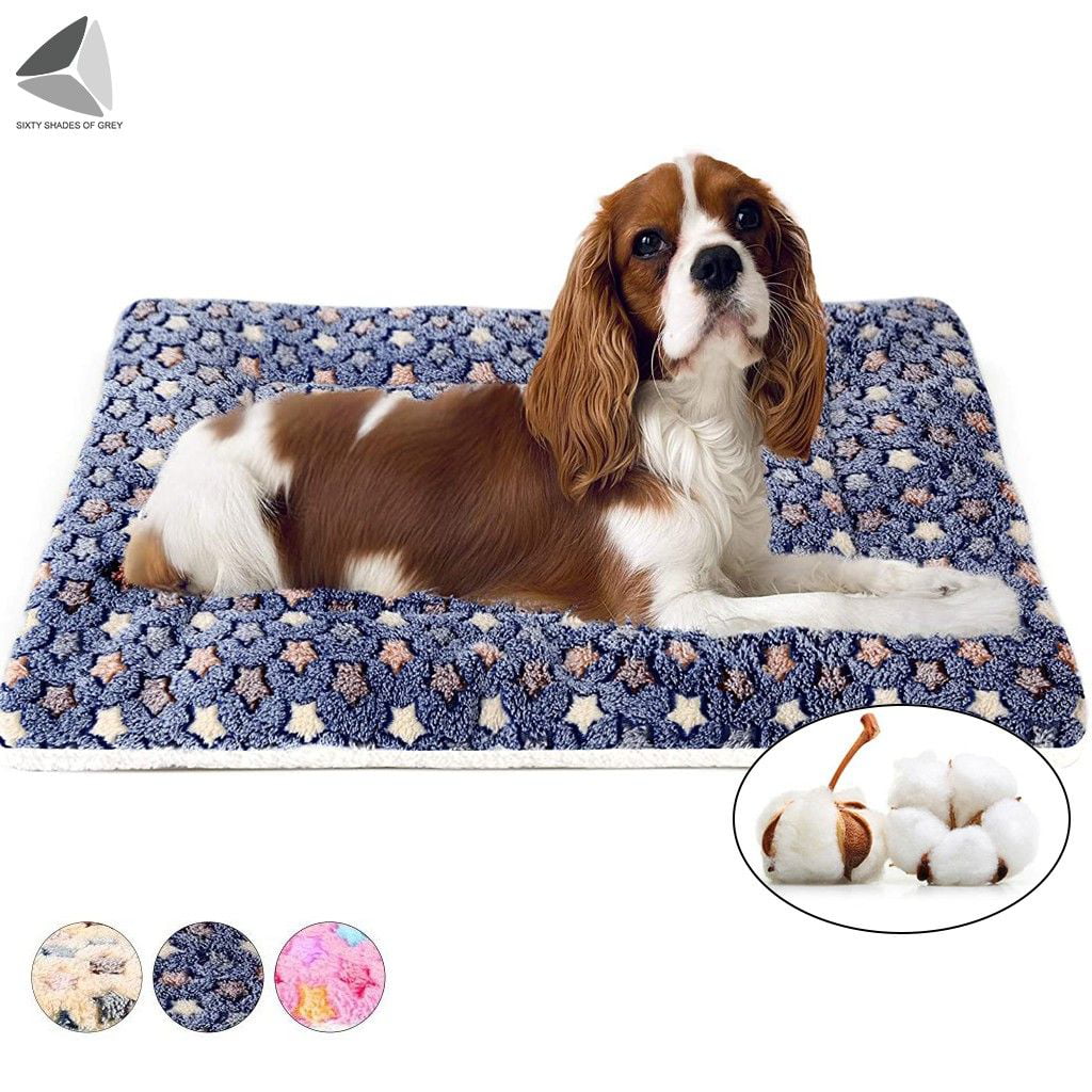 Sixtyshades Warm Soft Pet Dog Bed with Cute Prints， Reversible Fleece Crate Bed Mat Machine Washable For Small Medium Large Dog Cat (XL， Blue)