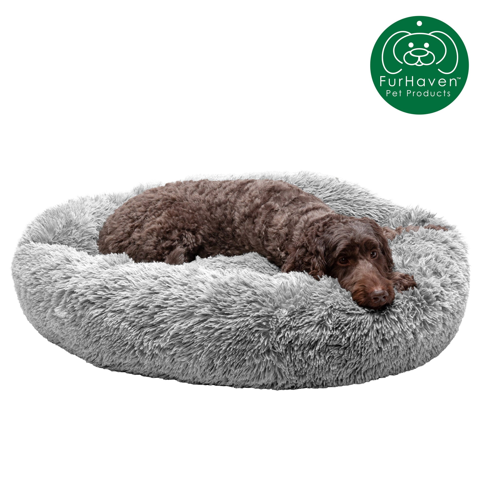 FurHaven | Calming Cuddler Long Fur Donut Pet Bed for Dogs and Cats， Mist Gray， Large