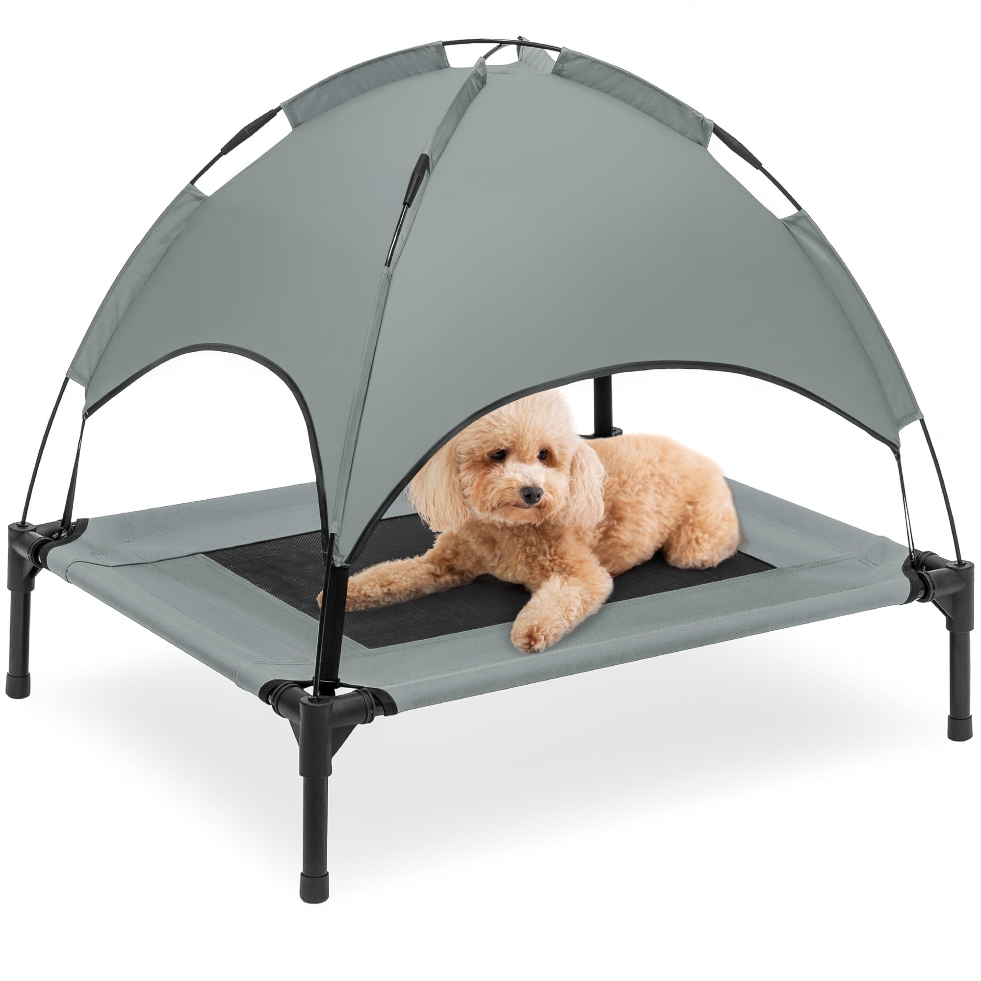 Best Choice Products 30in Elevated Cooling Dog Bed， Outdoor Raised Mesh Pet Cot w/ Removable Canopy， Carrying Bag - Gray