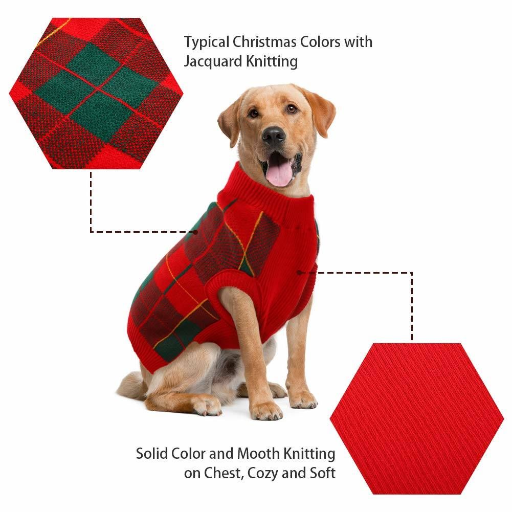 ROZKITCH Classic Plaid Dog Sweater， Puppy Festival Winter Warm Knit Vest， Pet Apparel Clothes， Red Green Plaid Xmas Knitwear Turtleneck Sweatshirts for Dogs Cats
