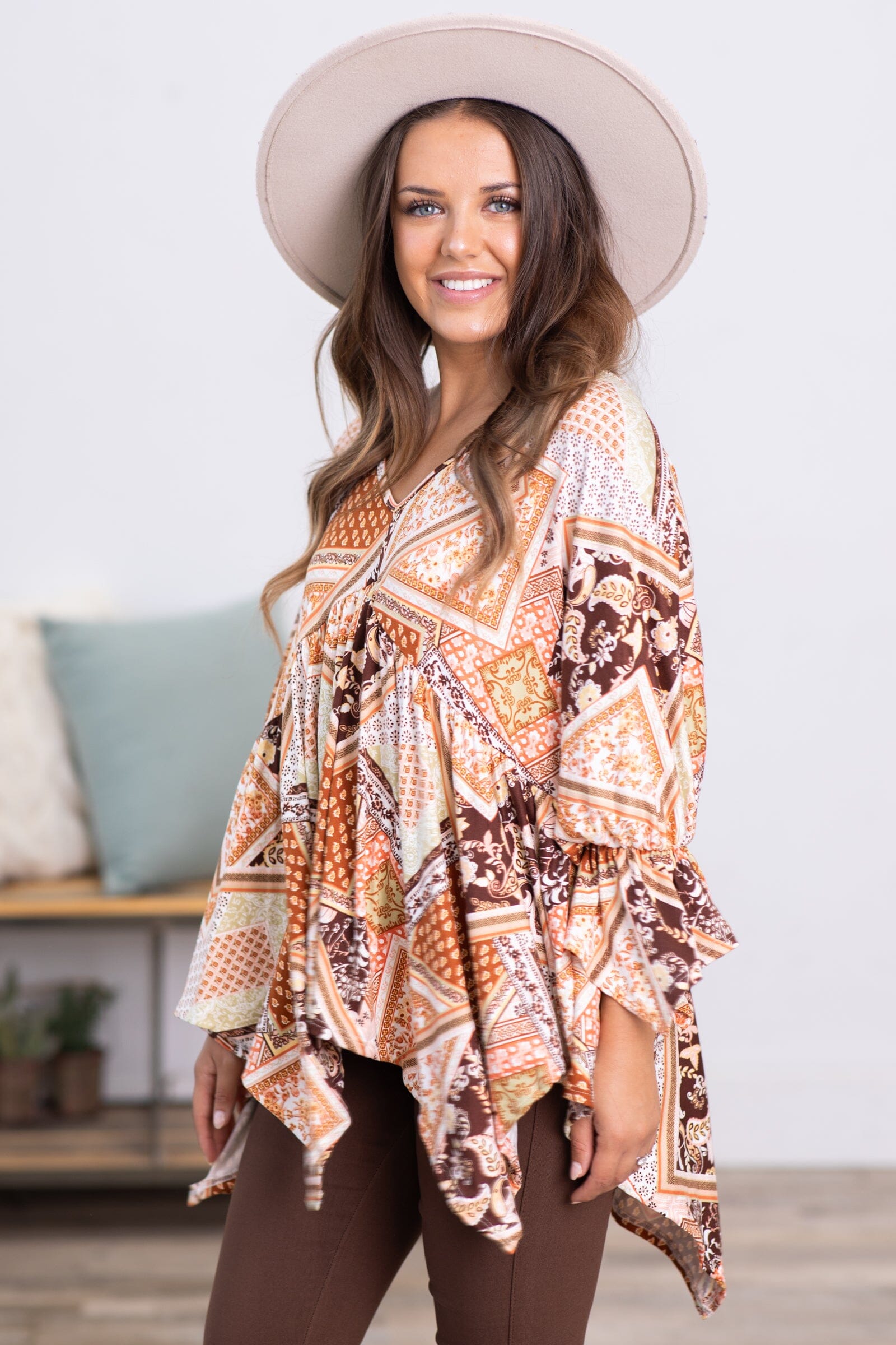 Burnt Orange Patchwork Print Hanky Hem Top