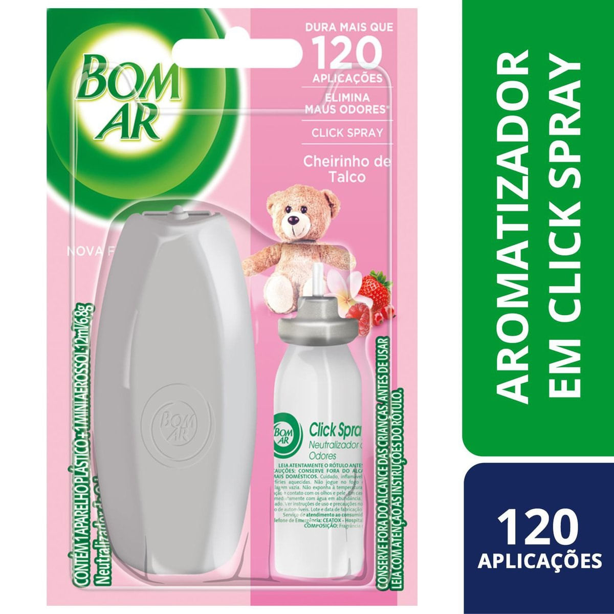 Aromatizador Bom Ar Click Spray Cheirinho de Talco Aparelho + Refil 12ml