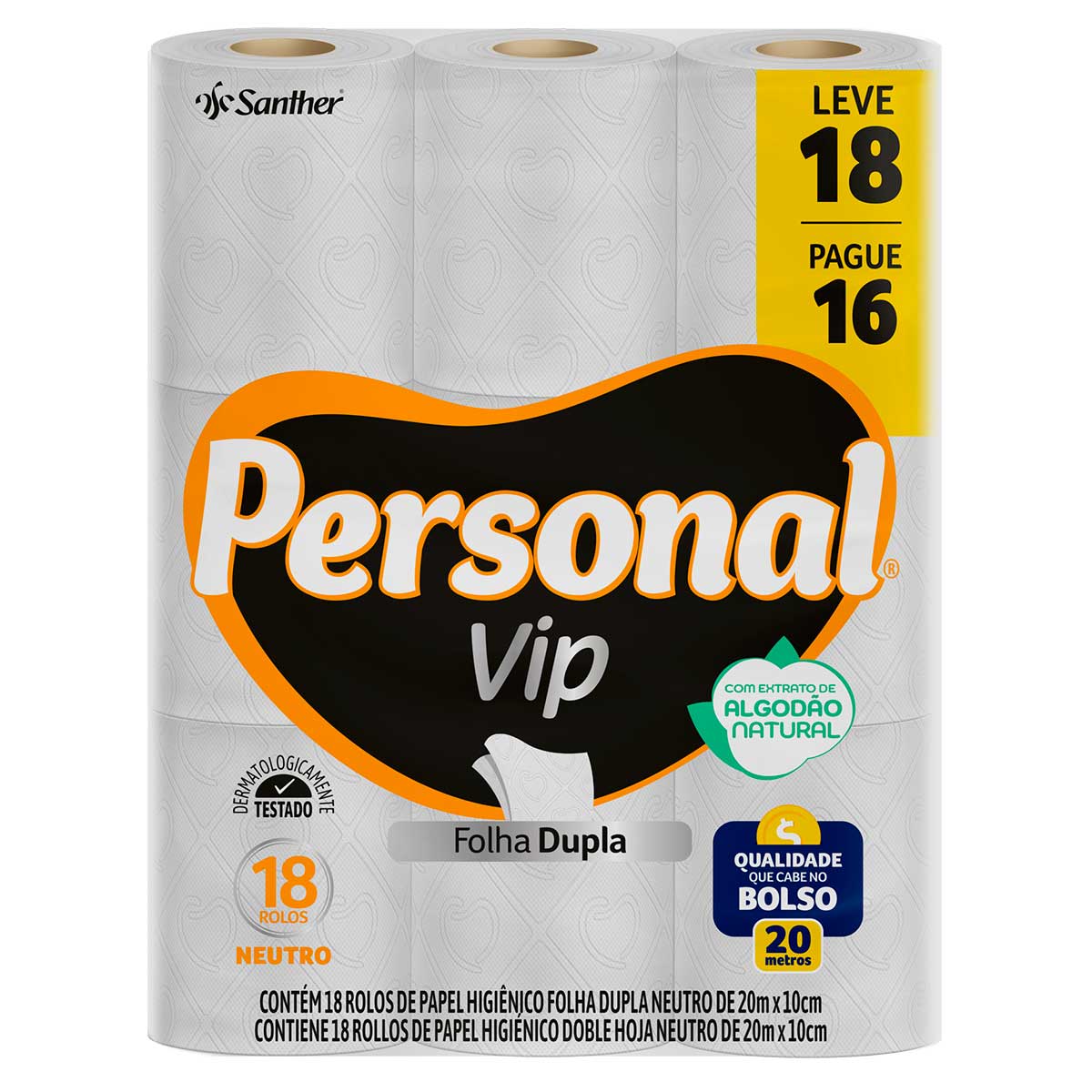 Papel Higienico Folha Dupla Neutro Personal Vip 20m Leve 18 Pague 16 Unidades