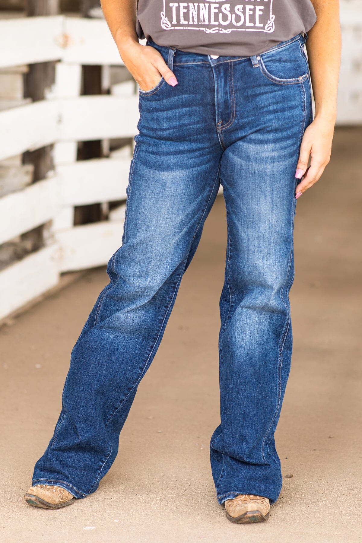 Risen Dark Wash Side Detail Straight Leg Jeans