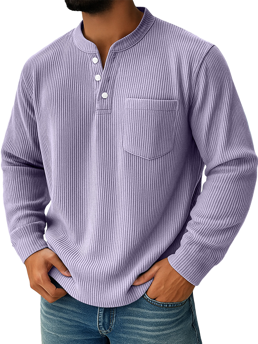 Men's Simple Everyday Ribbed Stand Collar Pocket Casual Long Sleeve Henley Shirt