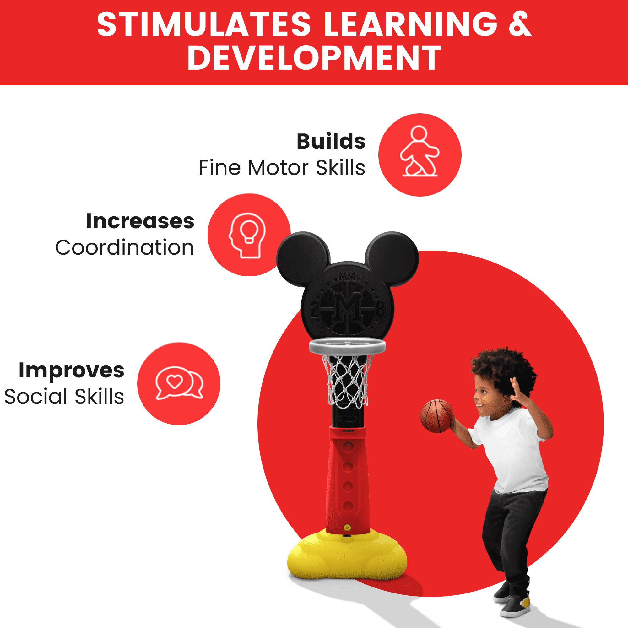 Disney Mickey Mouse Plastic Basketball Set by Delta Children – Includes Basketball Hoop， 1 Basketball， Ring Toss Game with 3 Rings， Growth Cart and Ball Pump