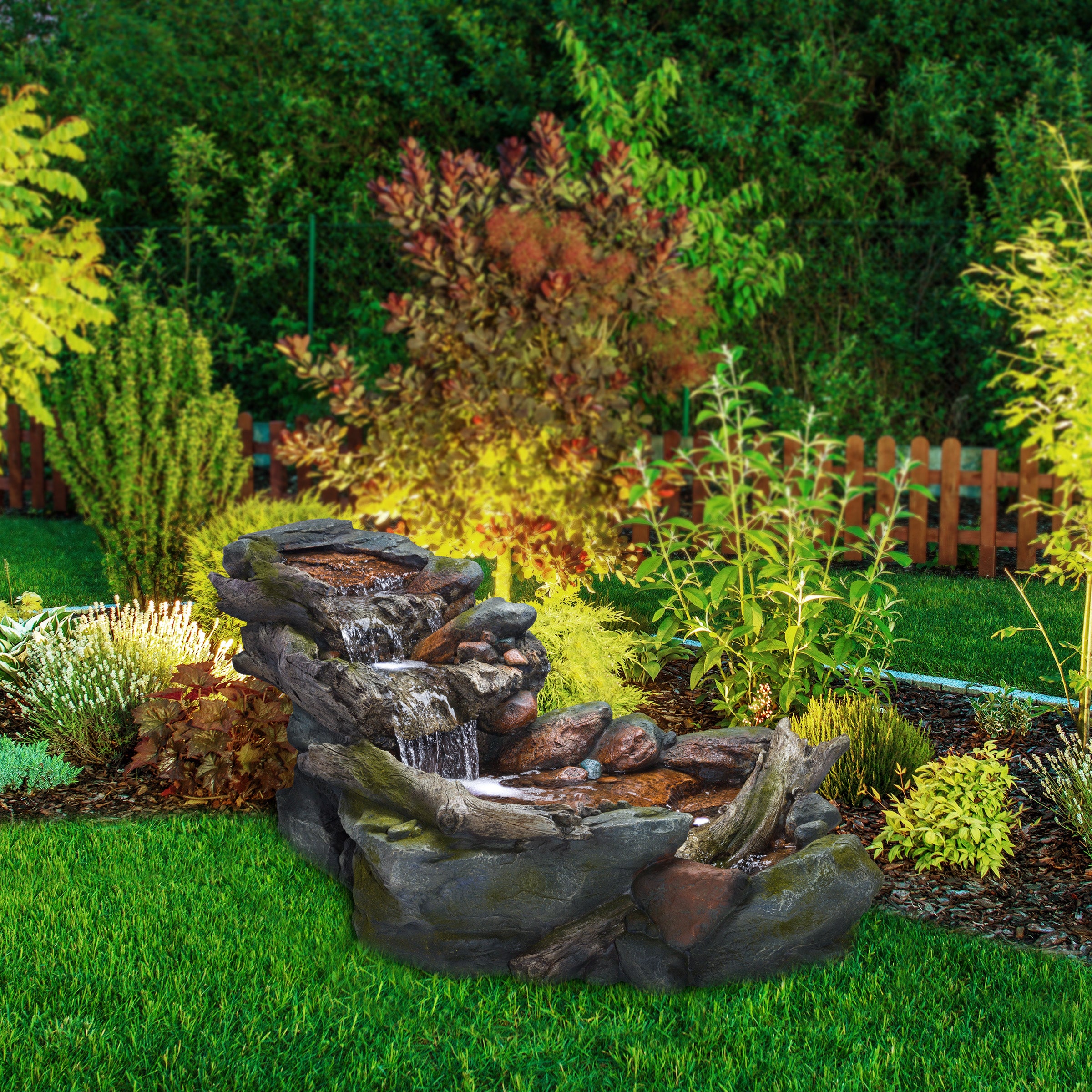 Alpine Corporation Outdoor 3-Tier Rainforest Rock Water Fountain with LED Lights
